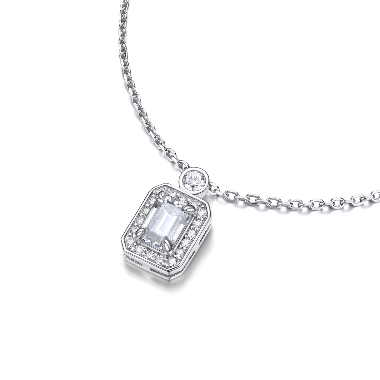 Halo Emerald Pendant Moissanite Necklace in White Gold (1 Ct. VVS1)