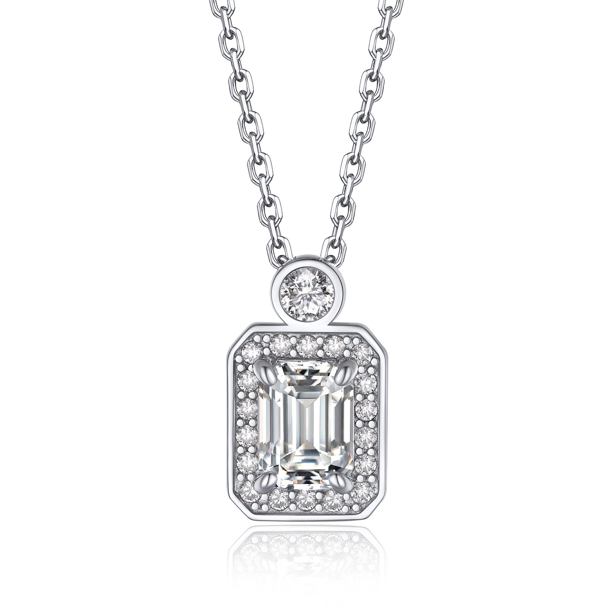 Halo Emerald Pendant Moissanite Necklace in White Gold (1 Ct. VVS1)