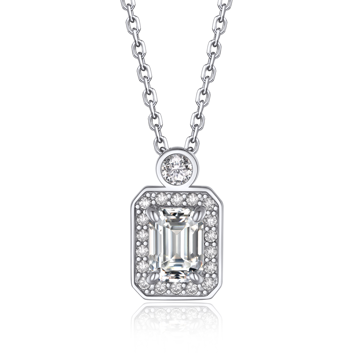 Halo Emerald Pendant Moissanite Necklace in White Gold (1 Ct. VVS1)