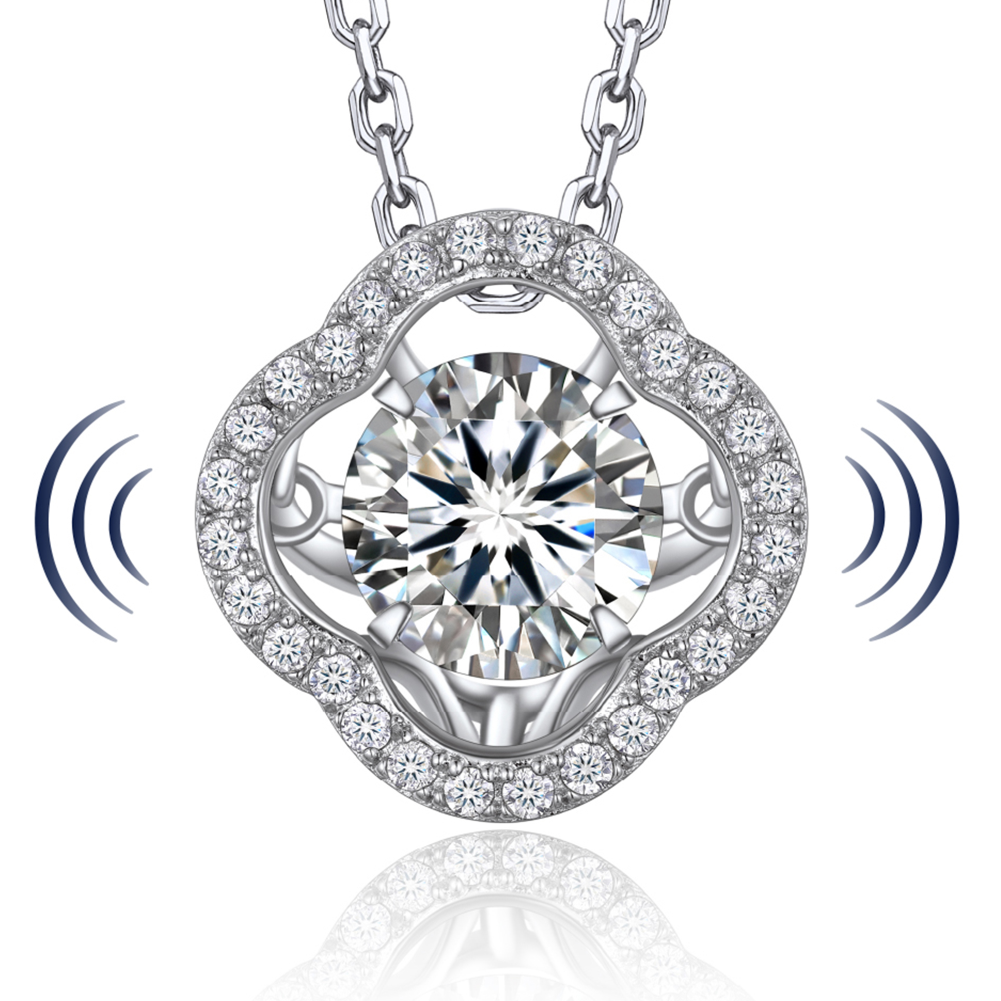 Halo Round Pendant Moissanite Dancing Stone Clover Necklace (1 Ct. VVS1)