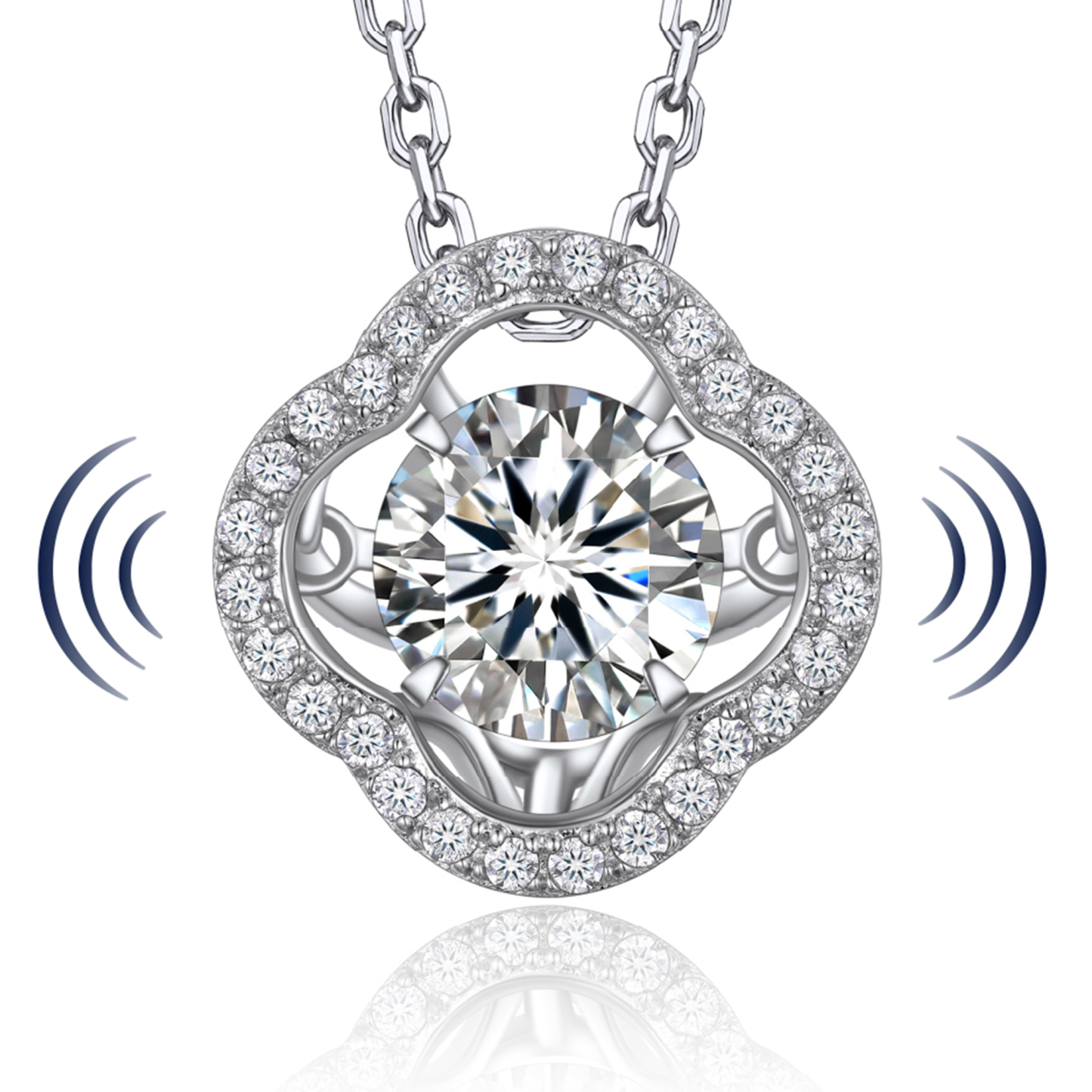 Halo Round Pendant Moissanite Dancing Stone Clover Necklace (1 Ct. VVS1)