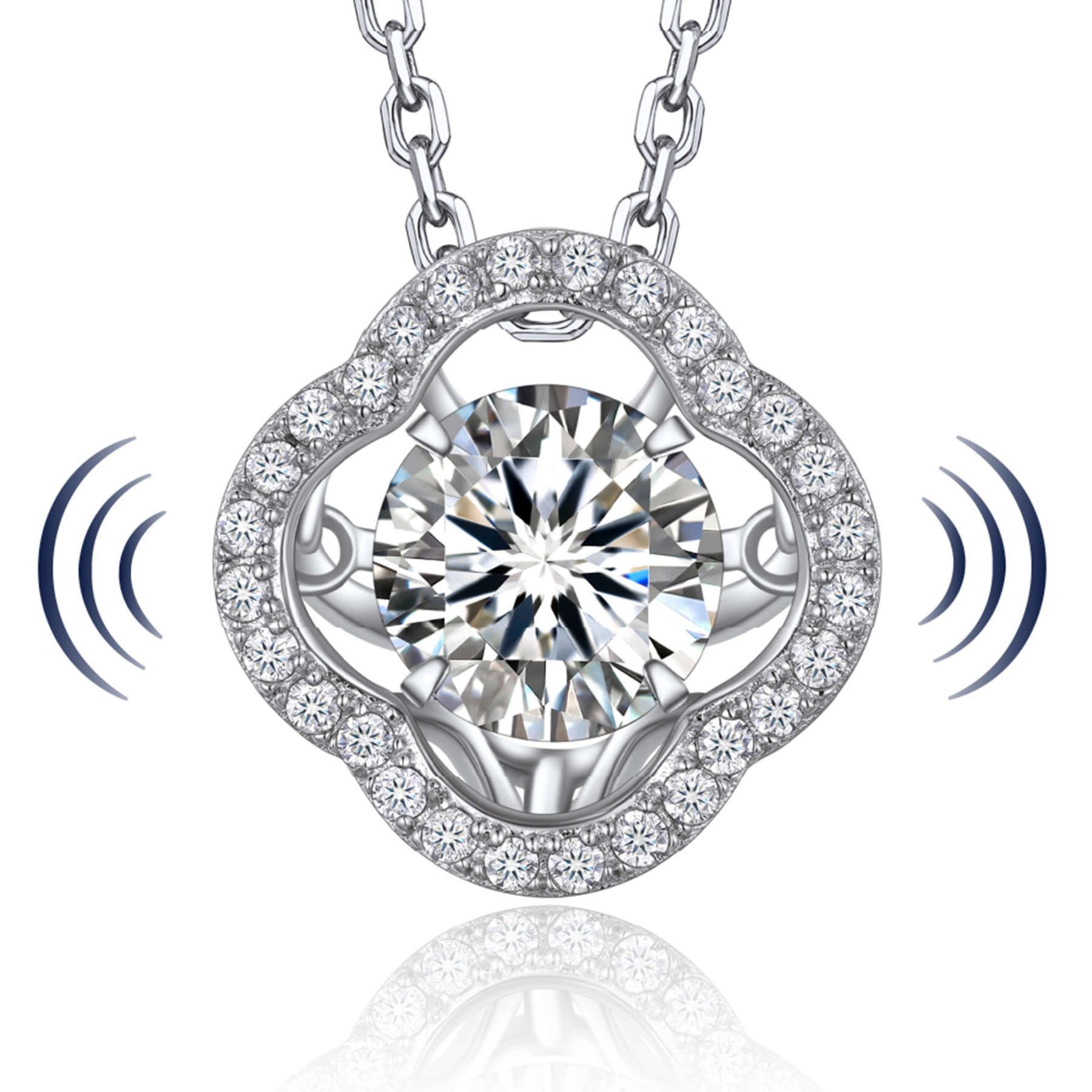 Halo Round Pendant Moissanite Dancing Stone Clover Necklace (1 Ct. VVS1)