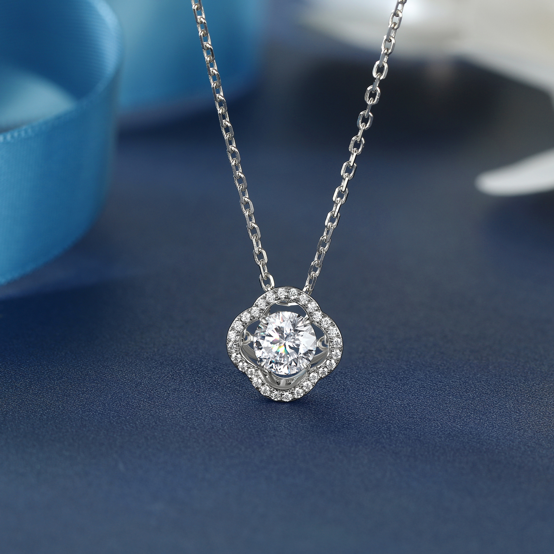 Halo Round Pendant Moissanite Dancing Stone Clover Necklace (1 Ct. VVS1)