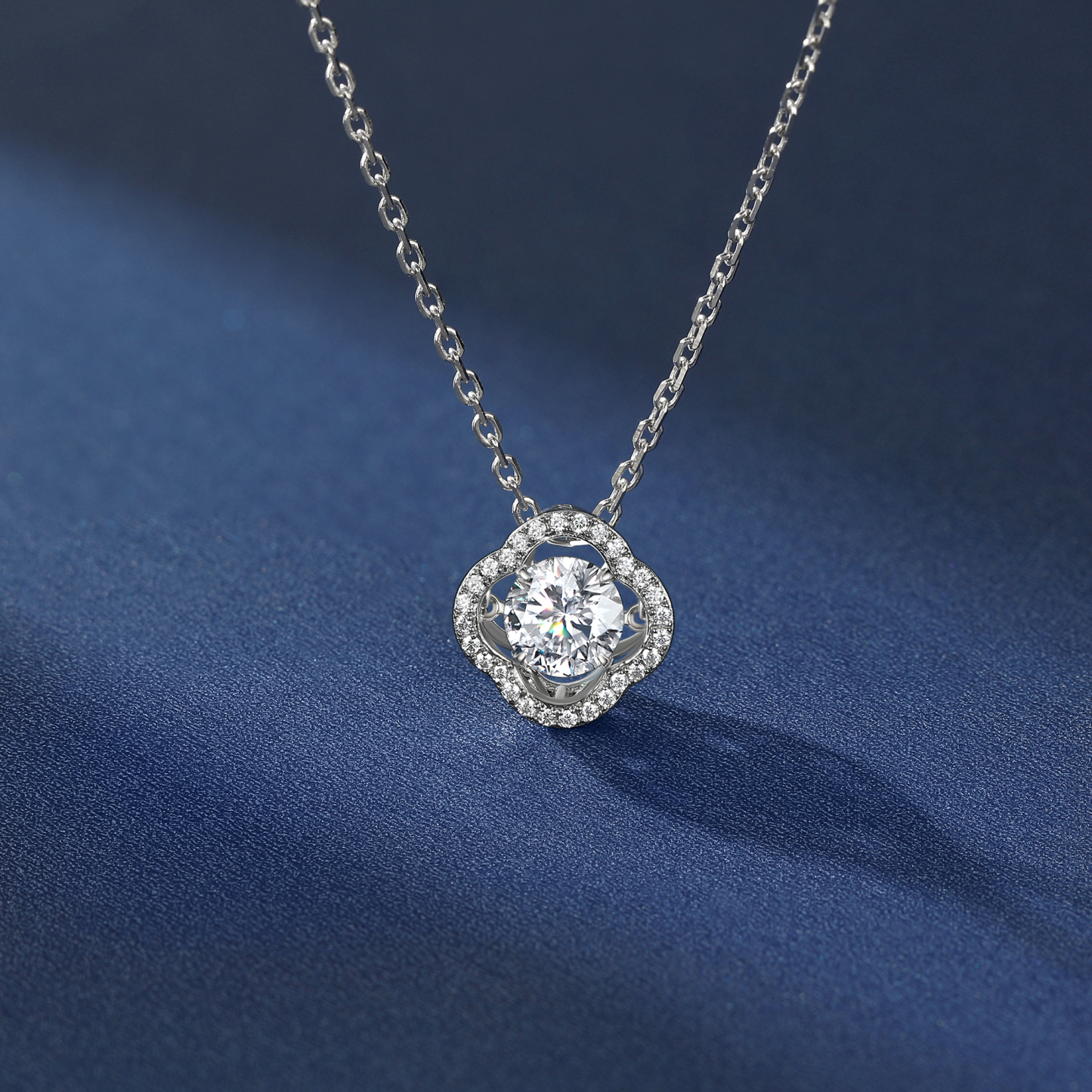 Halo Round Pendant Moissanite Dancing Stone Clover Necklace (1 Ct. VVS1)