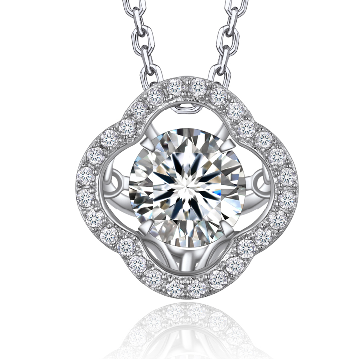 Halo Round Pendant Moissanite Dancing Stone Clover Necklace (1 Ct. VVS1)