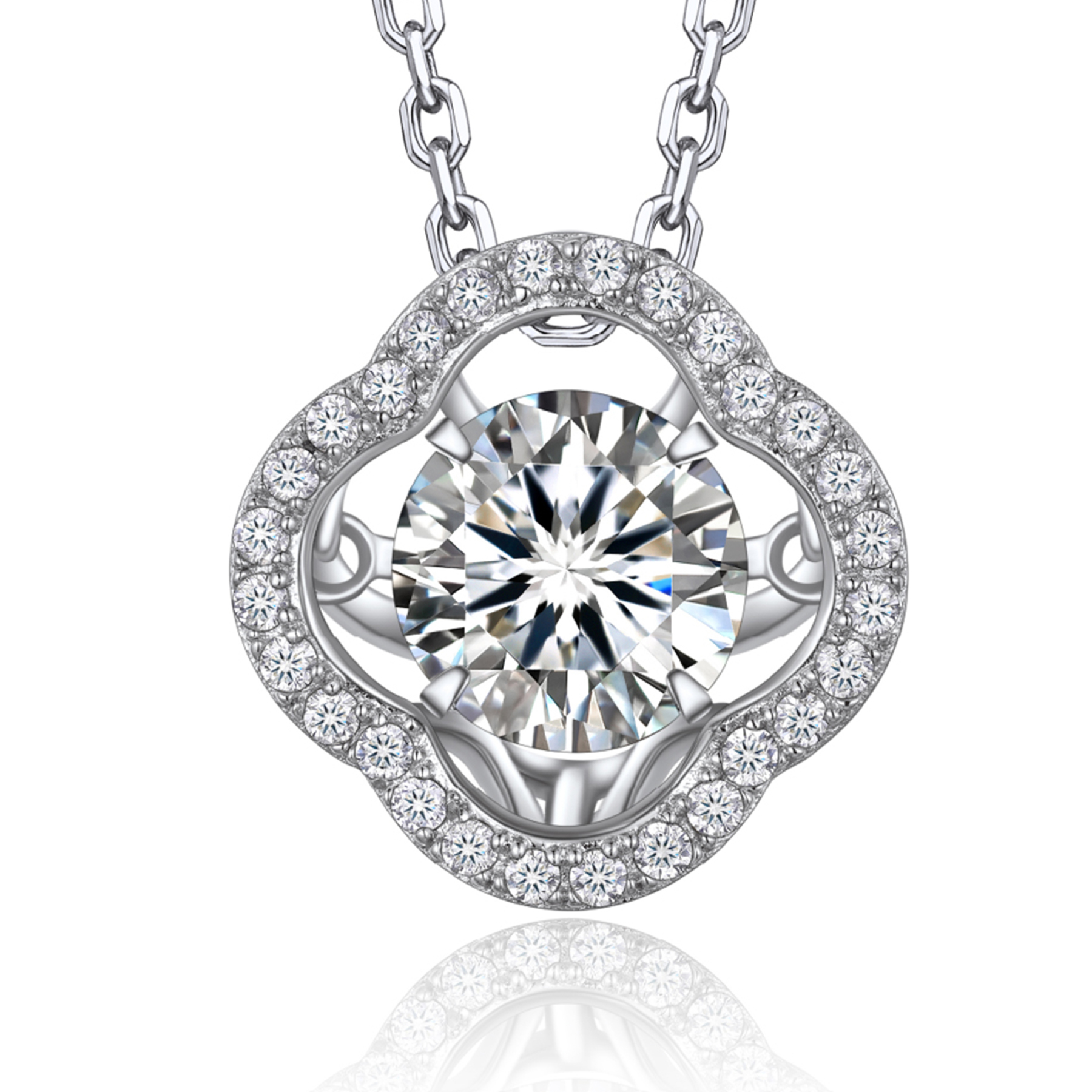 Halo Round Pendant Moissanite Dancing Stone Clover Necklace (1 Ct. VVS1)