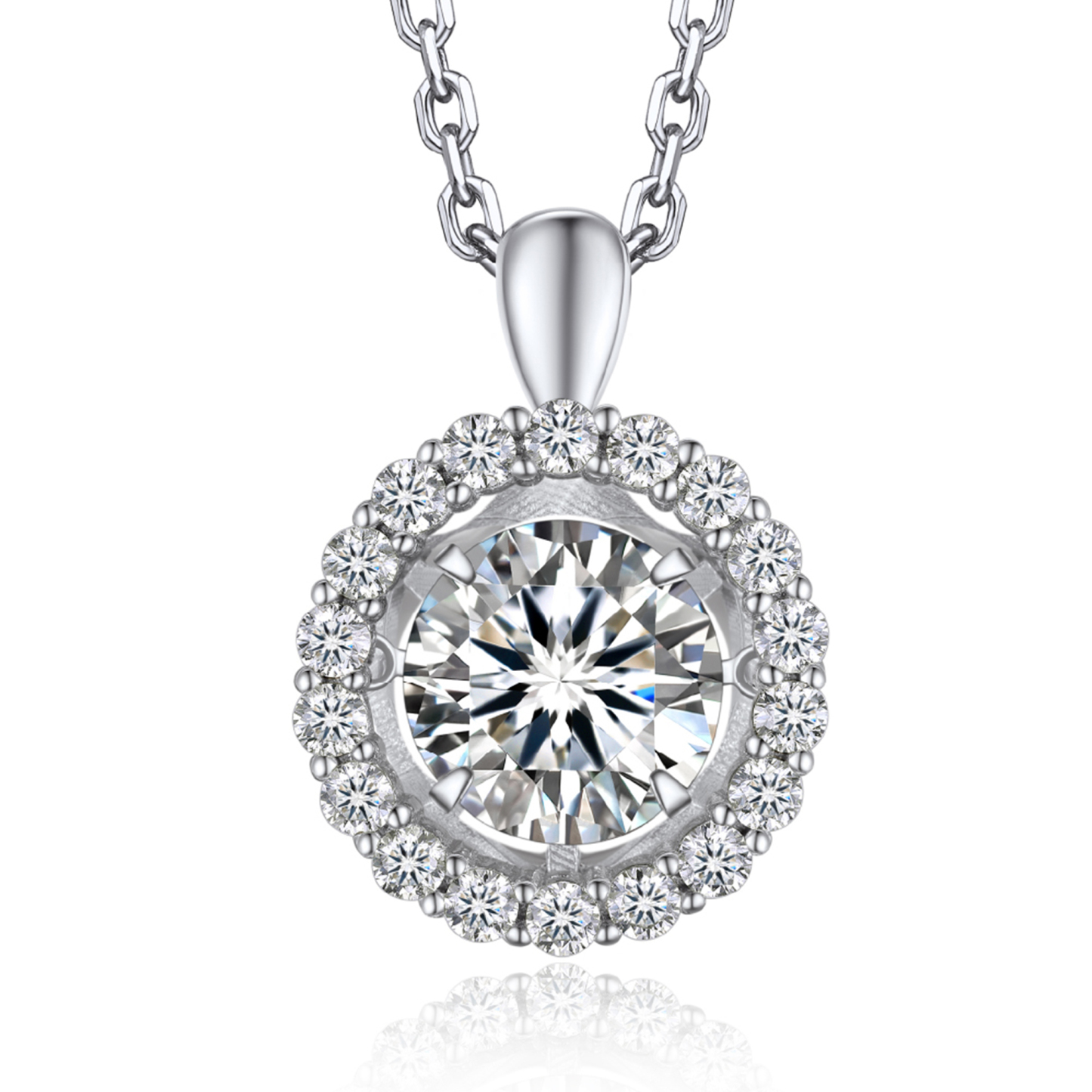 (测试) 925 Sterling Silver Halo Round Pendant Moissanite Dancing Stone Necklace (1 Ct. VVS1)