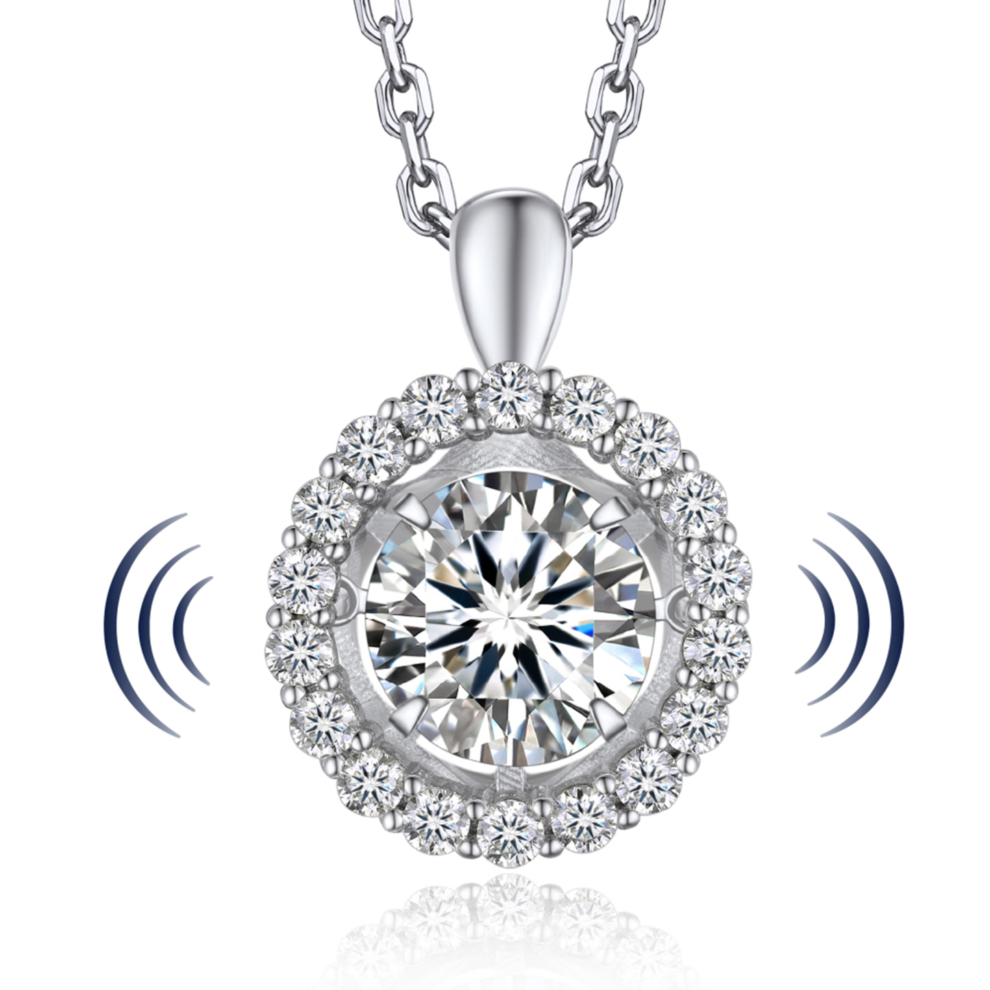 (测试) 925 Sterling Silver Halo Round Pendant Moissanite Dancing Stone Necklace (1 Ct. VVS1)