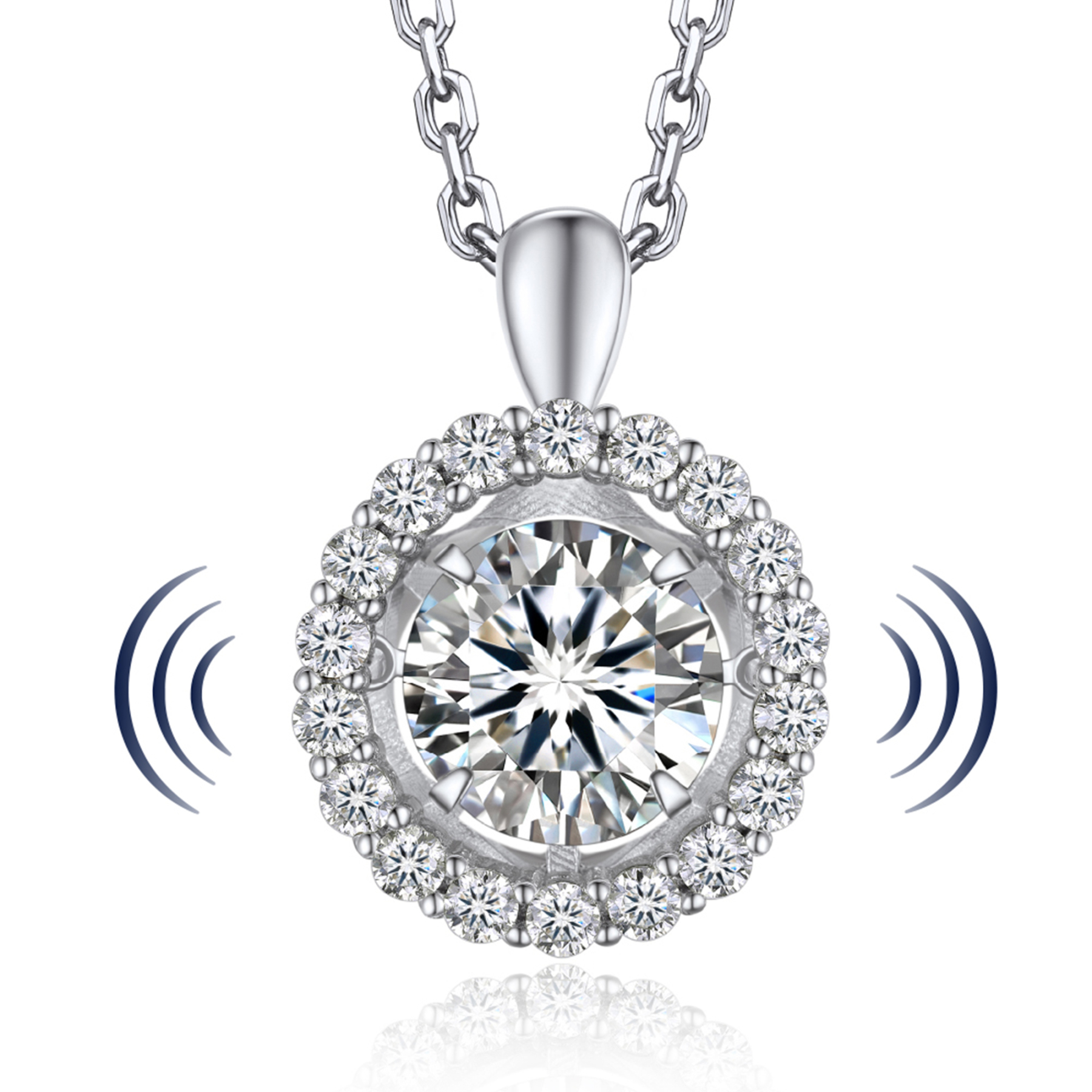 (测试) 925 Sterling Silver Halo Round Pendant Moissanite Dancing Stone Necklace (1 Ct. VVS1)