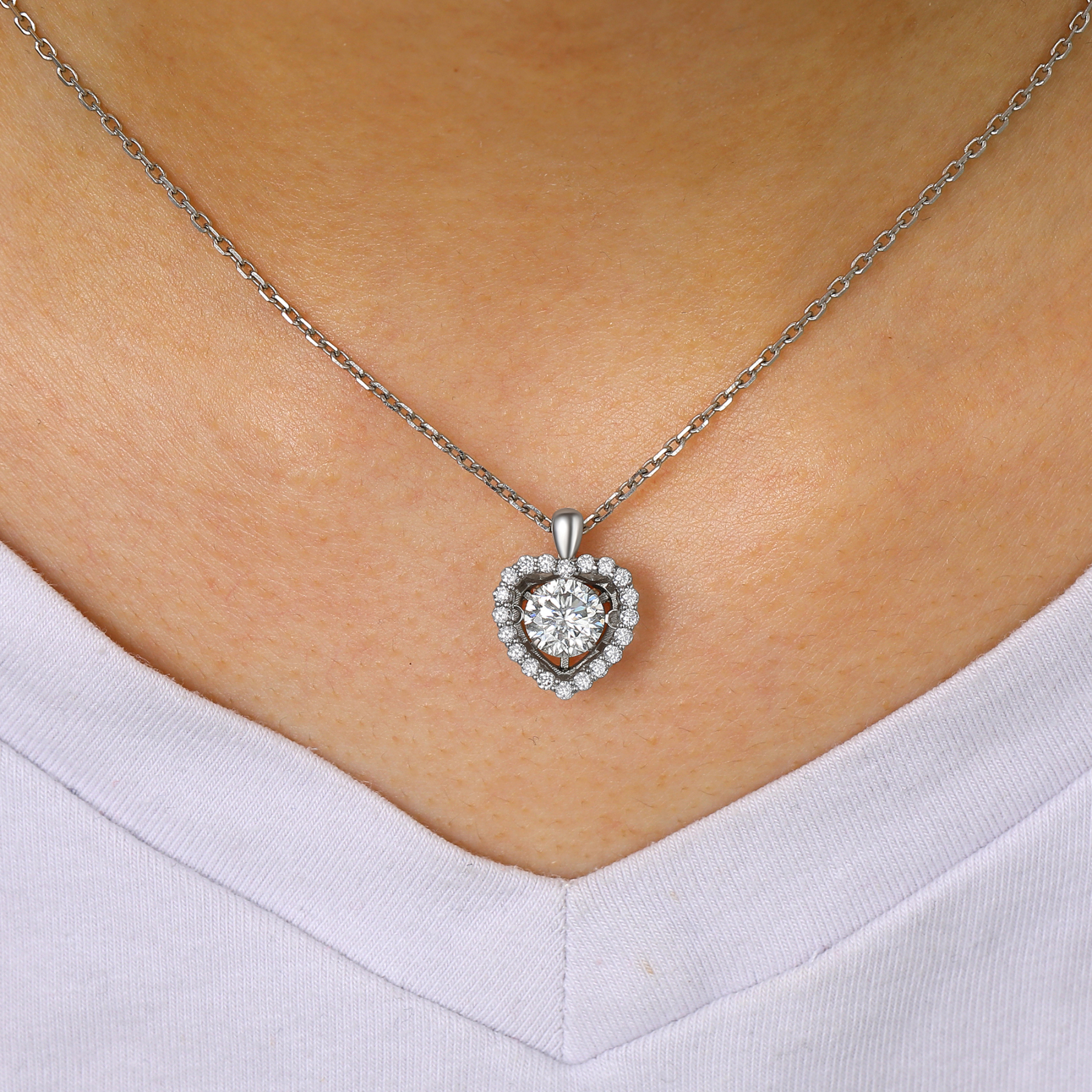 Halo Round Pendant Moissanite Dancing Stone Heart Necklace (1 Ct. VVS1)