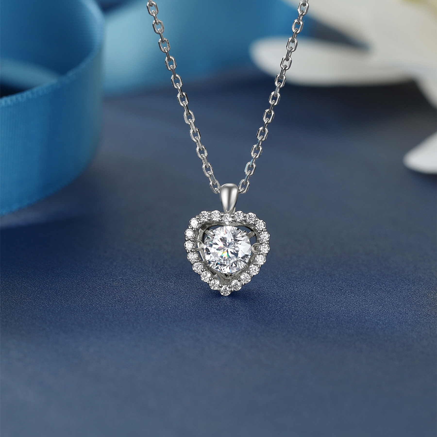 Halo Round Pendant Moissanite Dancing Stone Heart Necklace (1 Ct. VVS1)