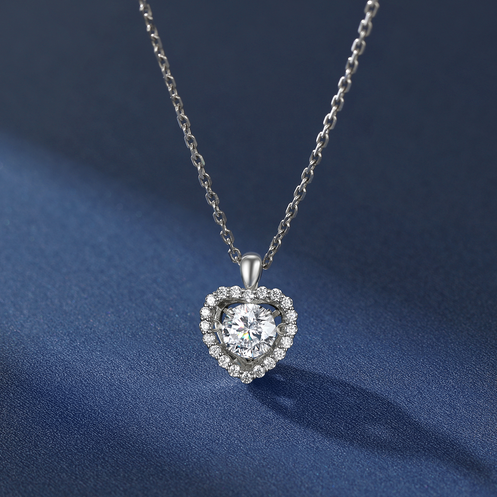 Halo Round Pendant Moissanite Dancing Stone Heart Necklace (1 Ct. VVS1)