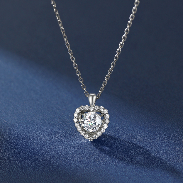 Halo Round Pendant Moissanite Dancing Stone Heart Necklace (1 Ct. VVS1)