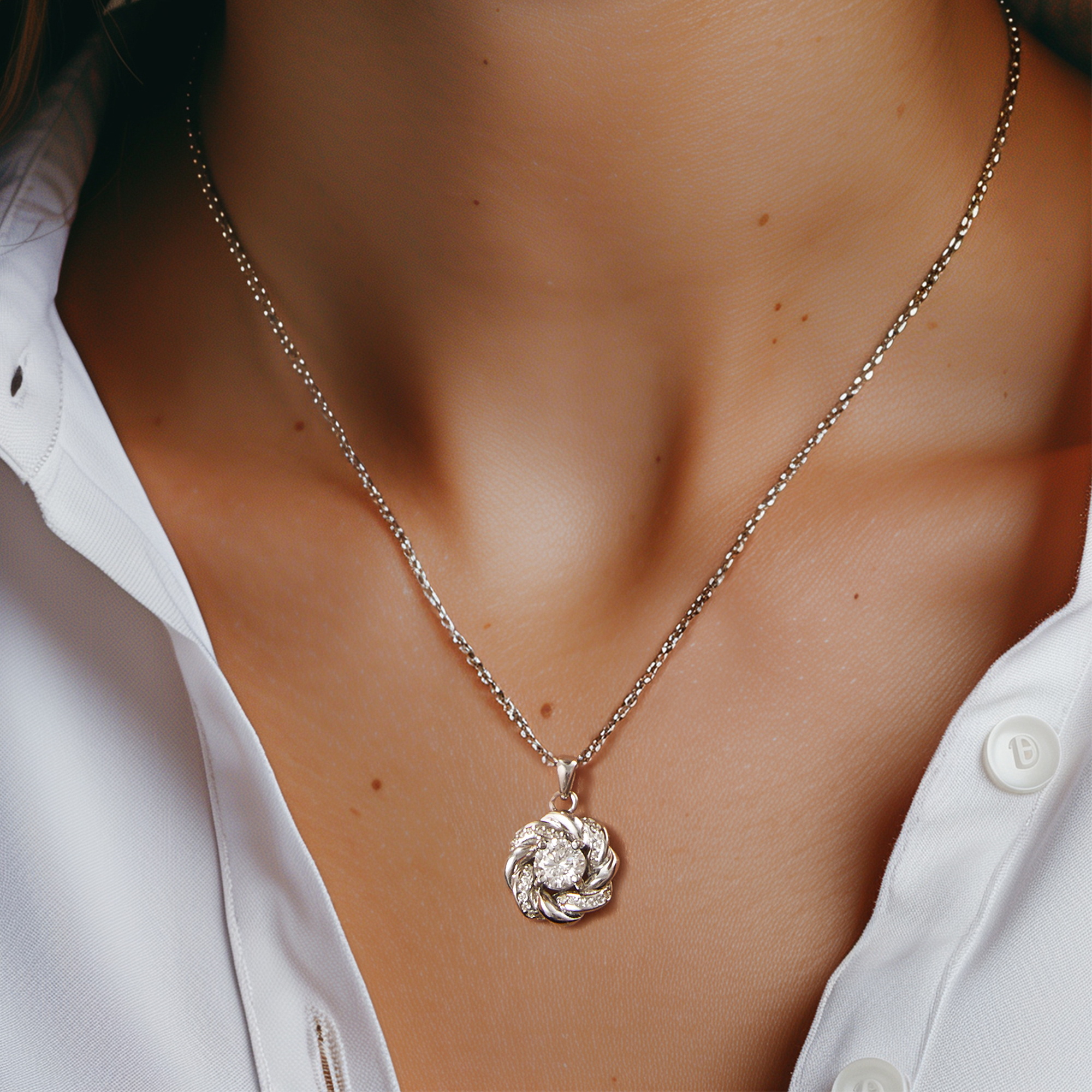 Twisted Vine Round Pendant Moissanite Necklace in White Gold (1 Ct. VVS1)