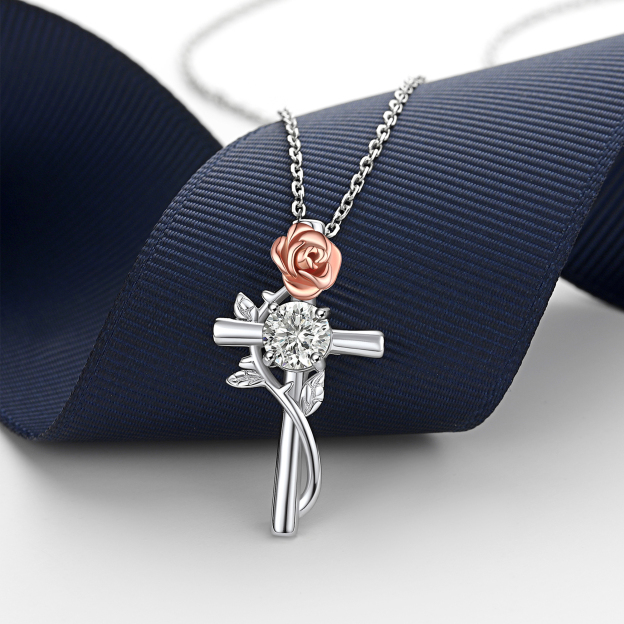 Moissanite Rose Cross Pendant Necklace for Women in White Gold (1