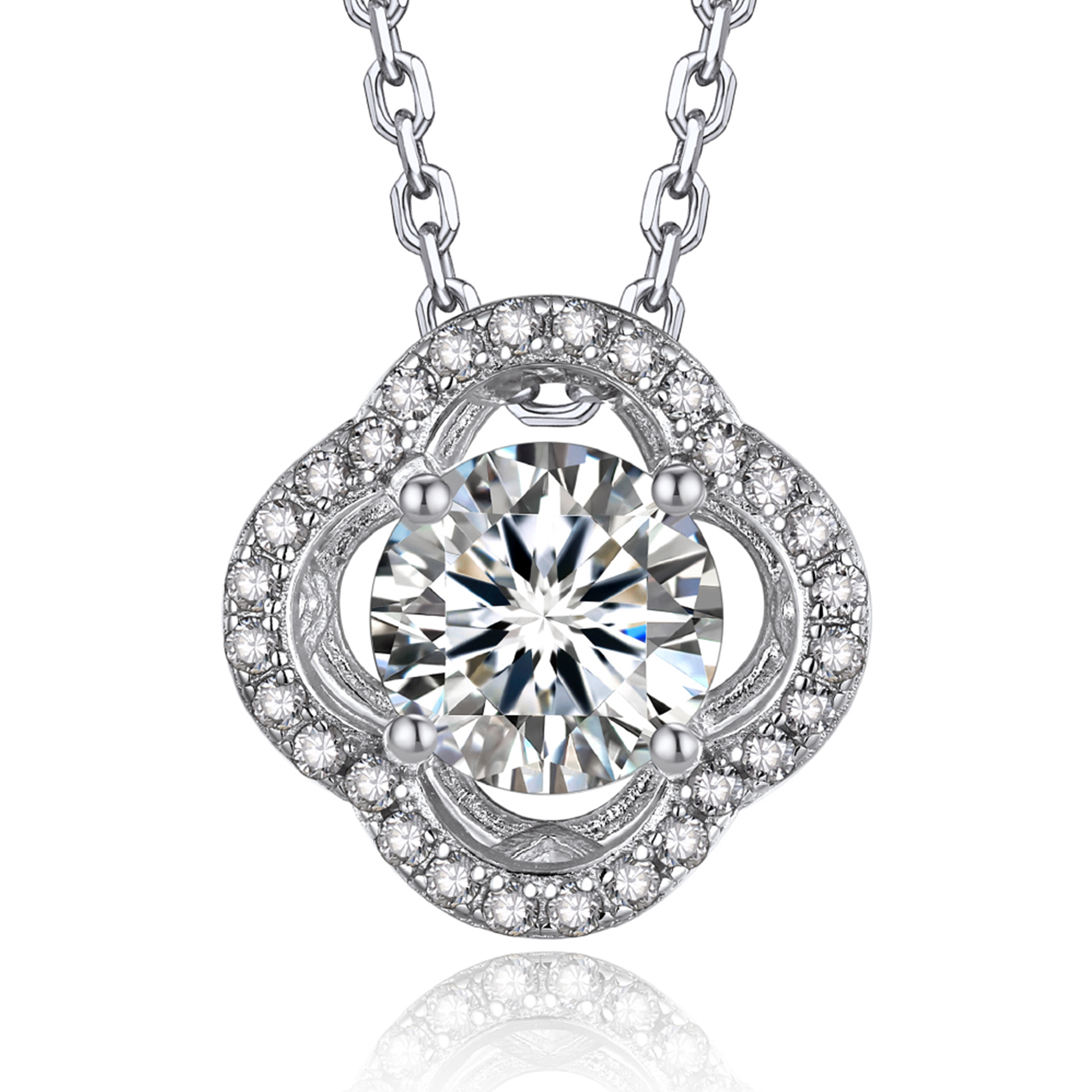 Halo Round Pendant Moissanite Four-Leaf Clover Necklace (1 Ct. VVS1)