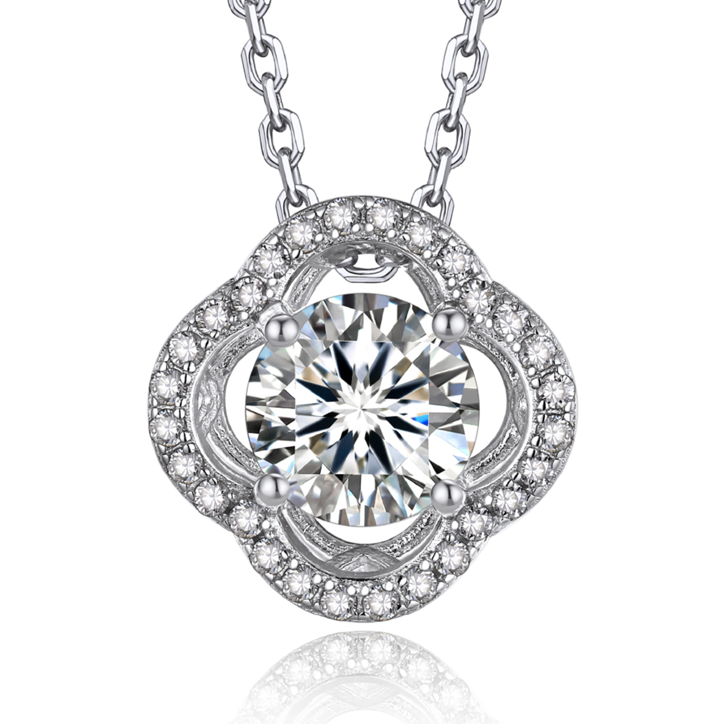 Halo Round Pendant Moissanite Four-Leaf Clover Necklace (1 Ct. VVS1)