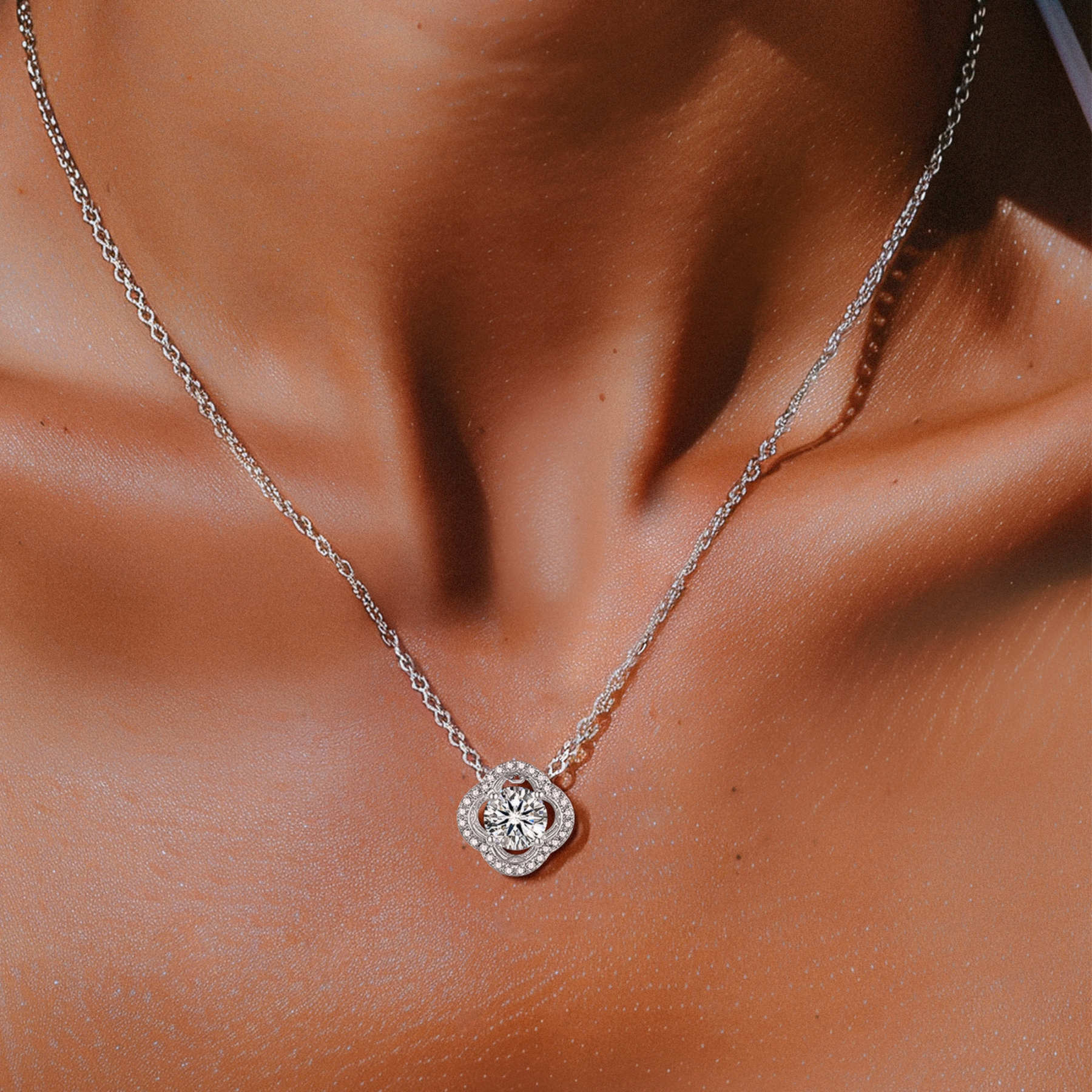 Halo Round Pendant Moissanite Four-Leaf Clover Necklace (1 Ct. VVS1)