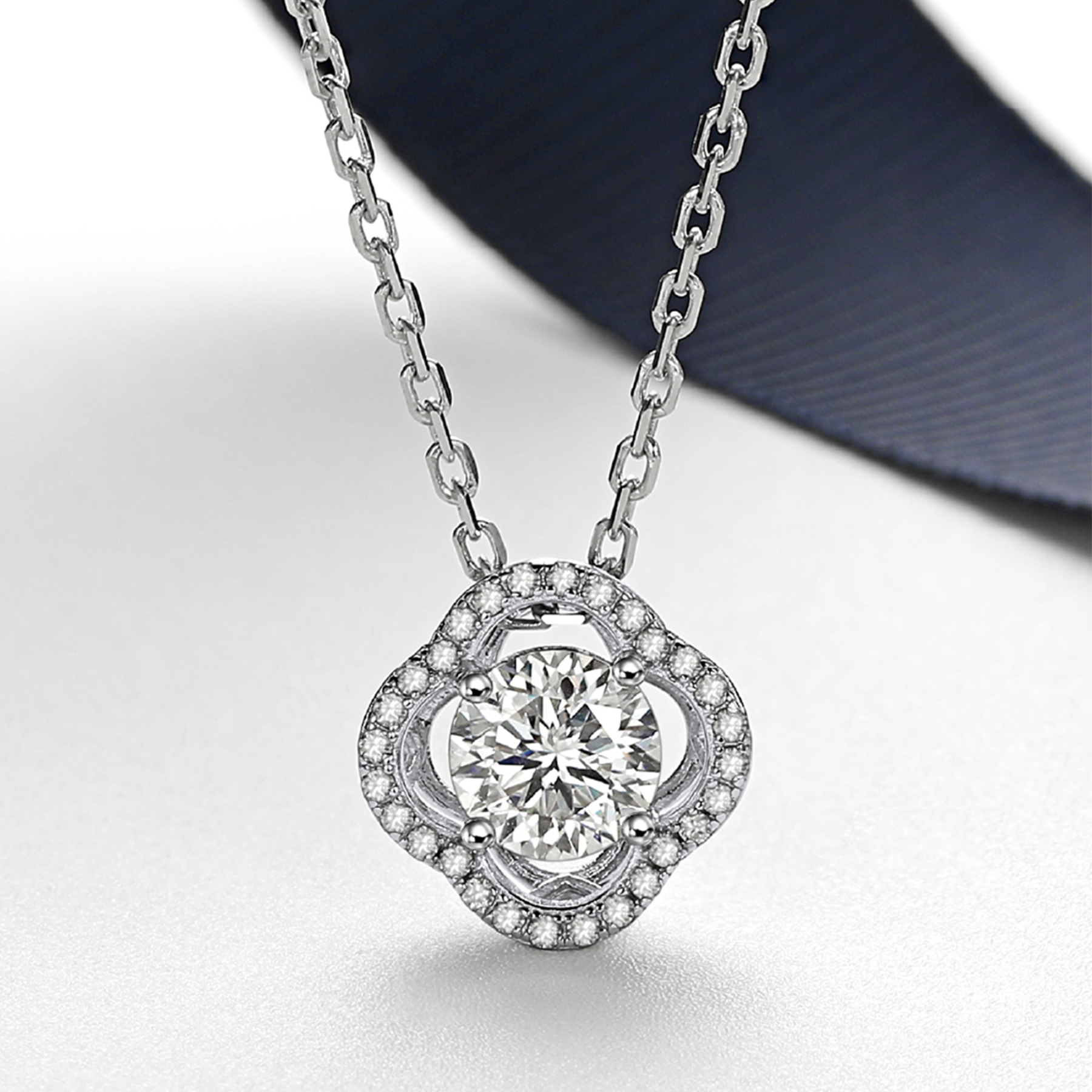 Halo Round Pendant Moissanite Four-Leaf Clover Necklace (1 Ct. VVS1)