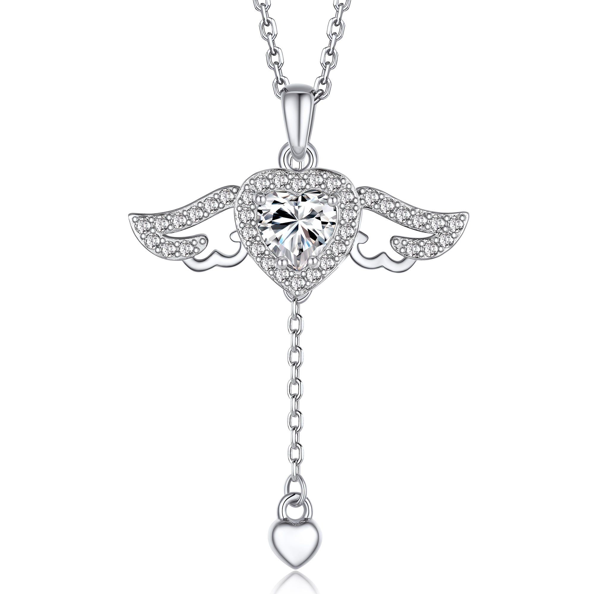 4 Prong Heart Pendant Moissanite Moving Angel Wings Necklace (1 Ct. VVS1)