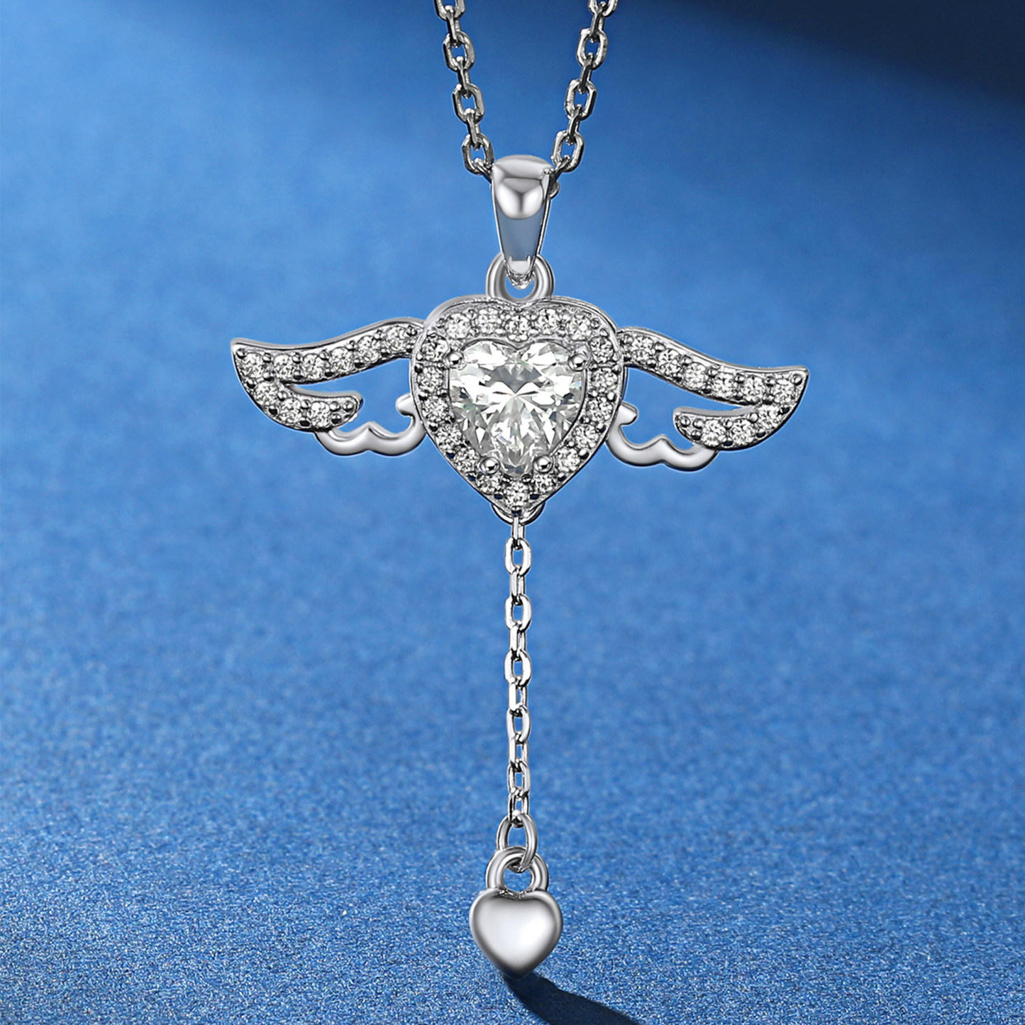 4 Prong Heart Pendant Moissanite Moving Angel Wings Necklace (1 Ct. VVS1)