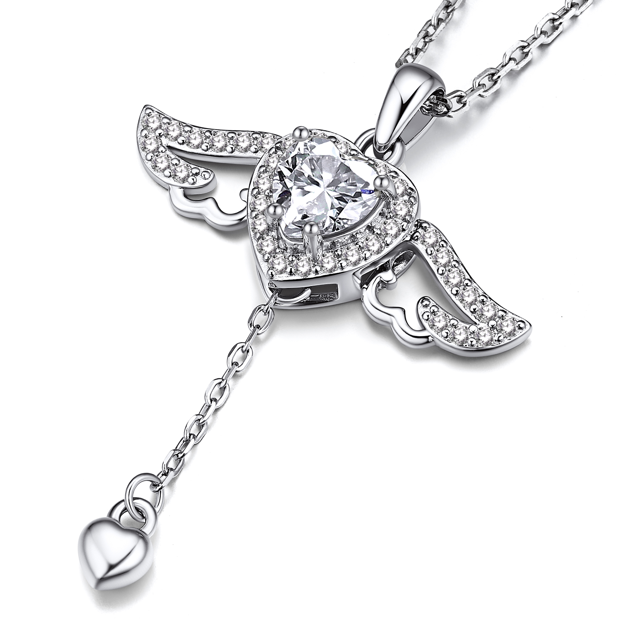 4 Prong Heart Pendant Moissanite Moving Angel Wings Necklace (1 Ct. VVS1)