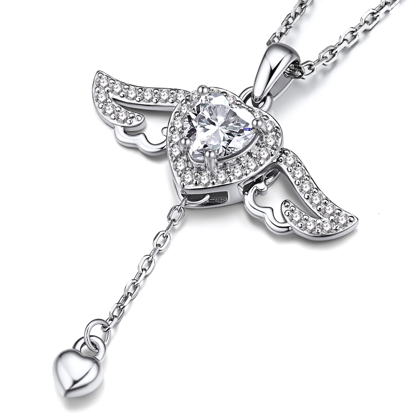 4 Prong Heart Pendant Moissanite Moving Angel Wings Necklace (1 Ct. VVS1)