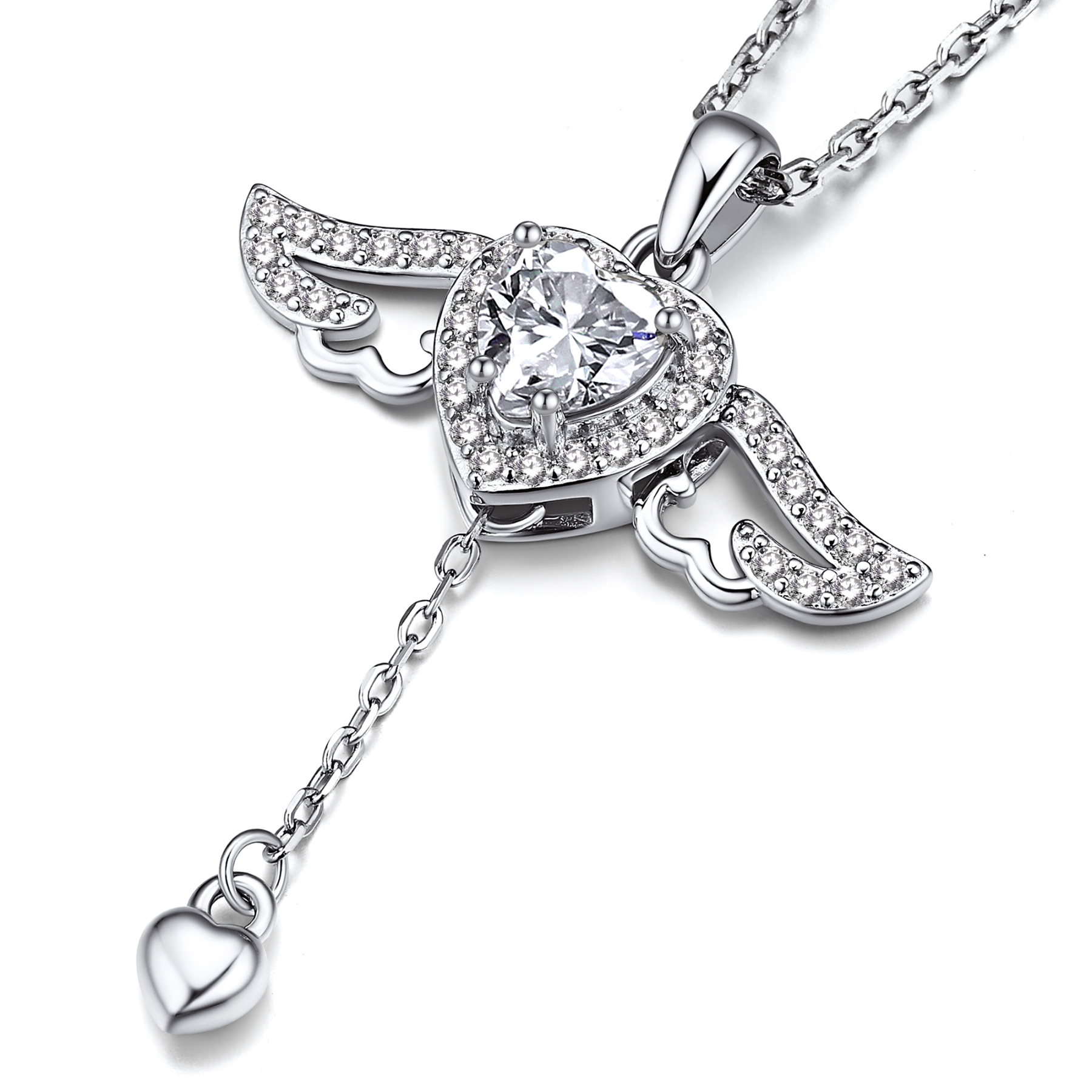 4 Prong Heart Pendant Moissanite Moving Angel Wings Necklace (1 Ct. VVS1)