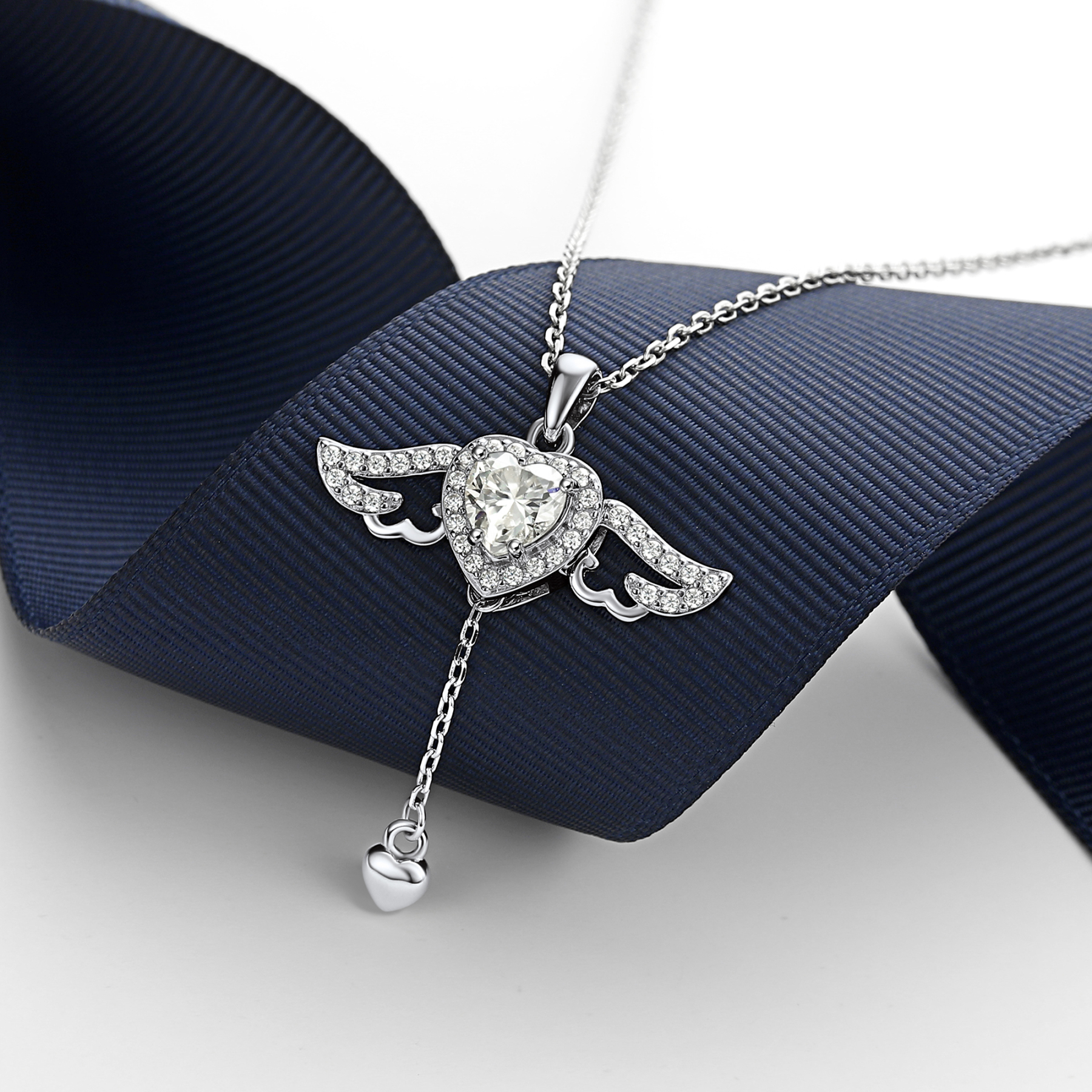4 Prong Heart Pendant Moissanite Moving Angel Wings Necklace (1 Ct. VVS1)