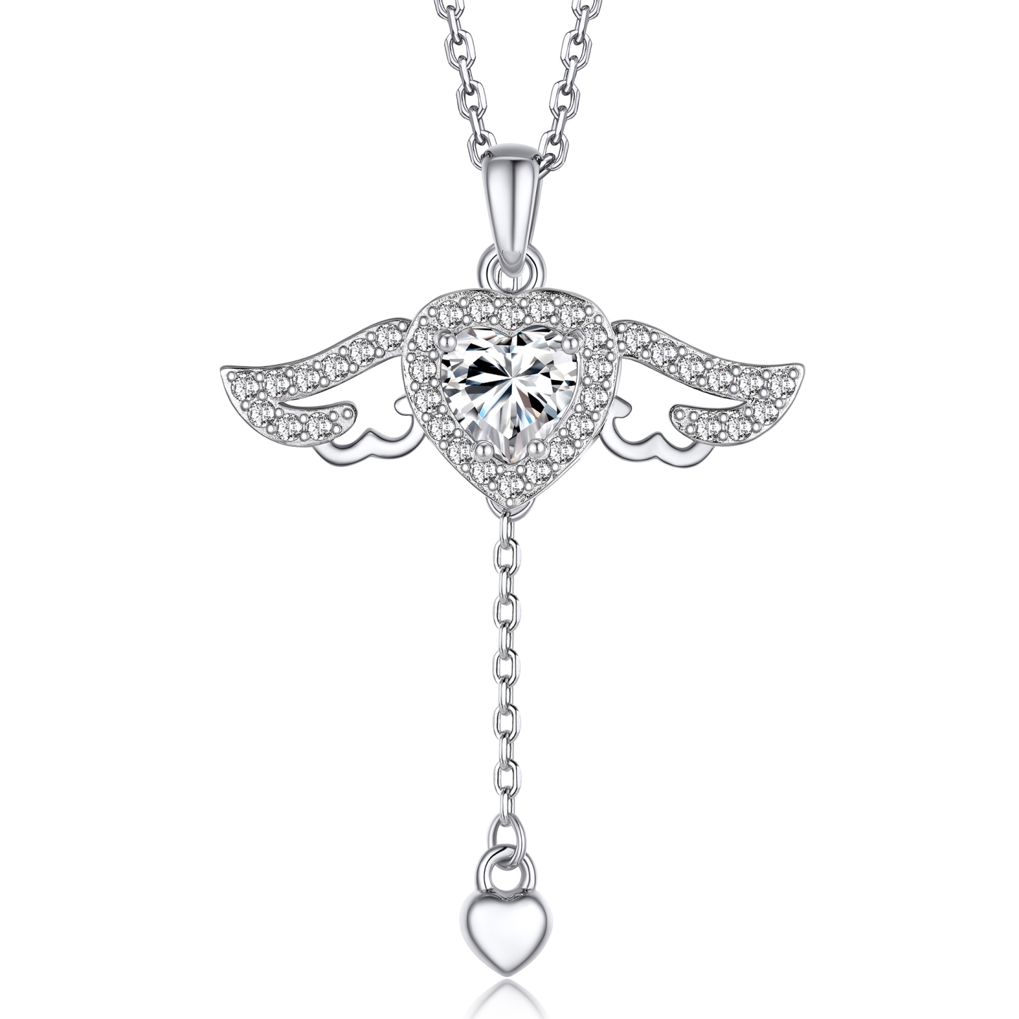 4 Prong Heart Pendant Moissanite Moving Angel Wings Necklace (1 Ct. VVS1)