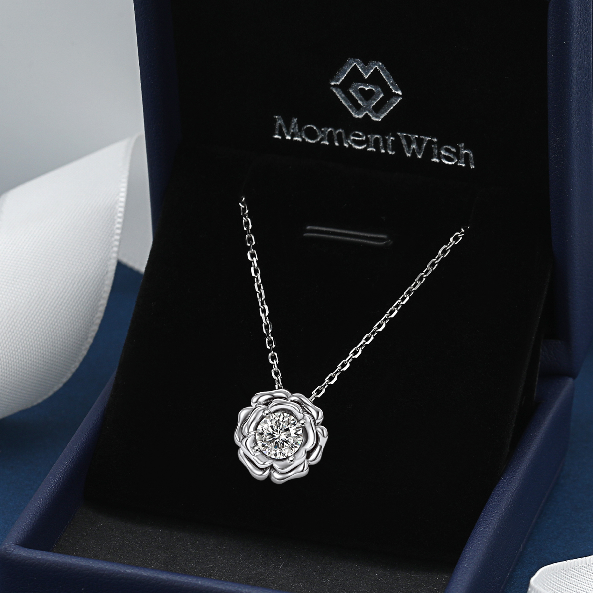 Rose Round Pendant Moissanite Floral Necklace in White Gold (1 Ct. VVS1)