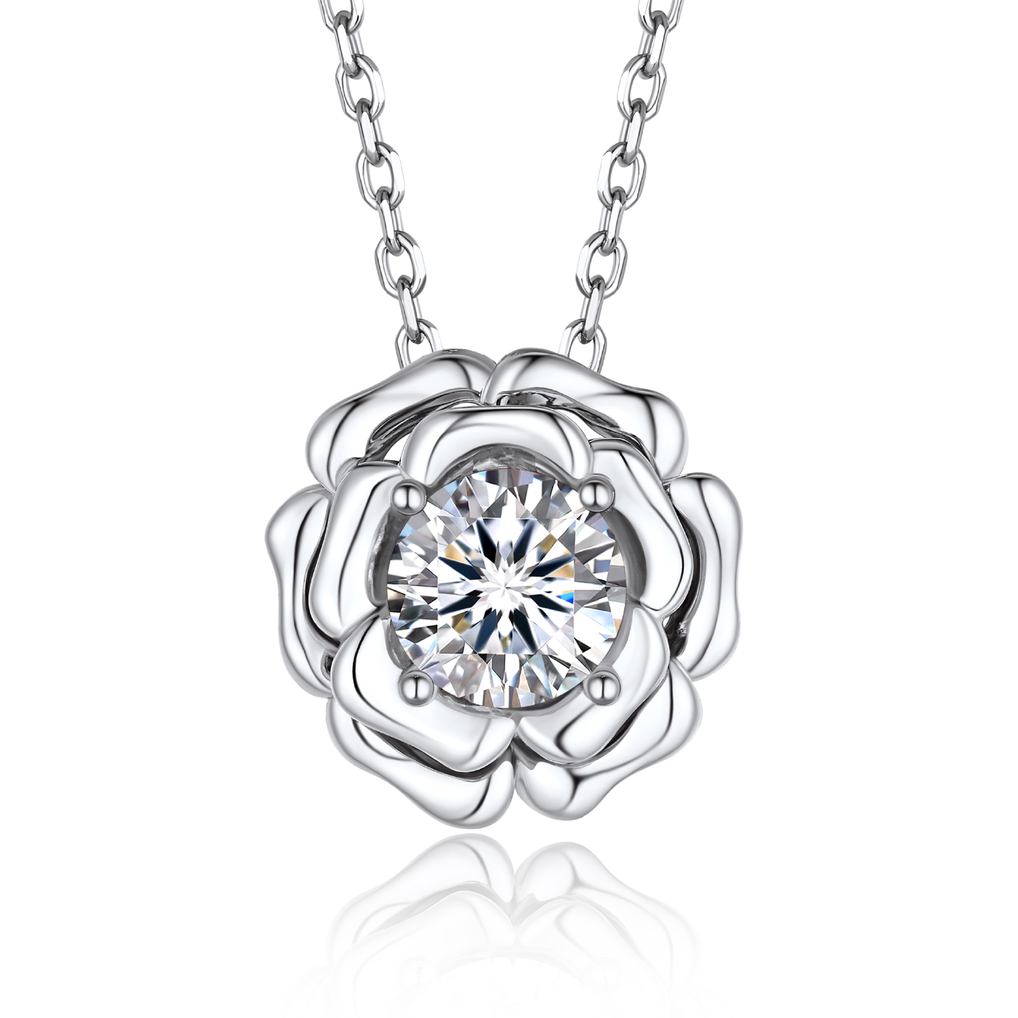 Rose Round Pendant Moissanite Floral Necklace in White Gold (1 Ct. VVS1)