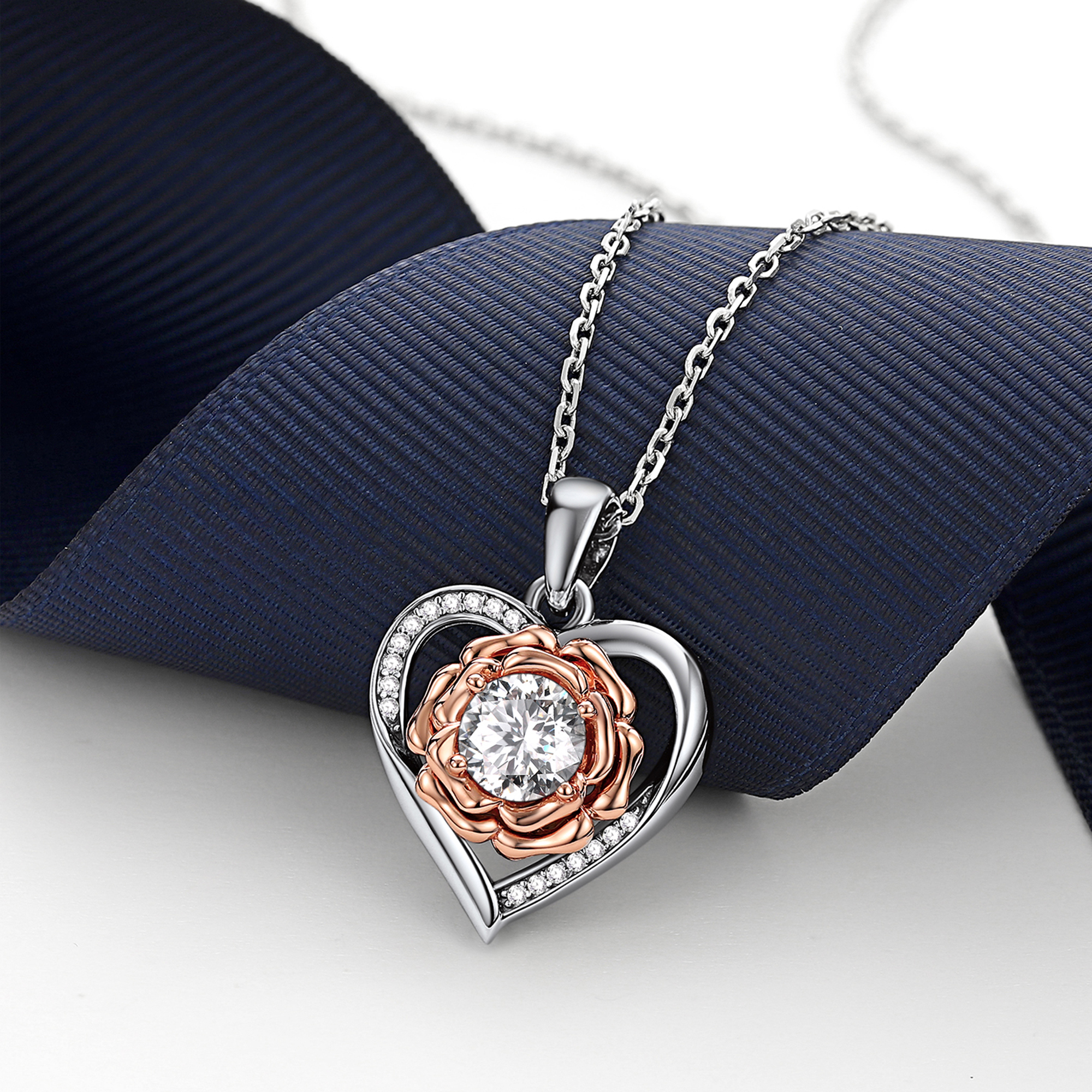 Rose Flower Heart Pendant Moissanite Necklace (1 Ct. VVS1)