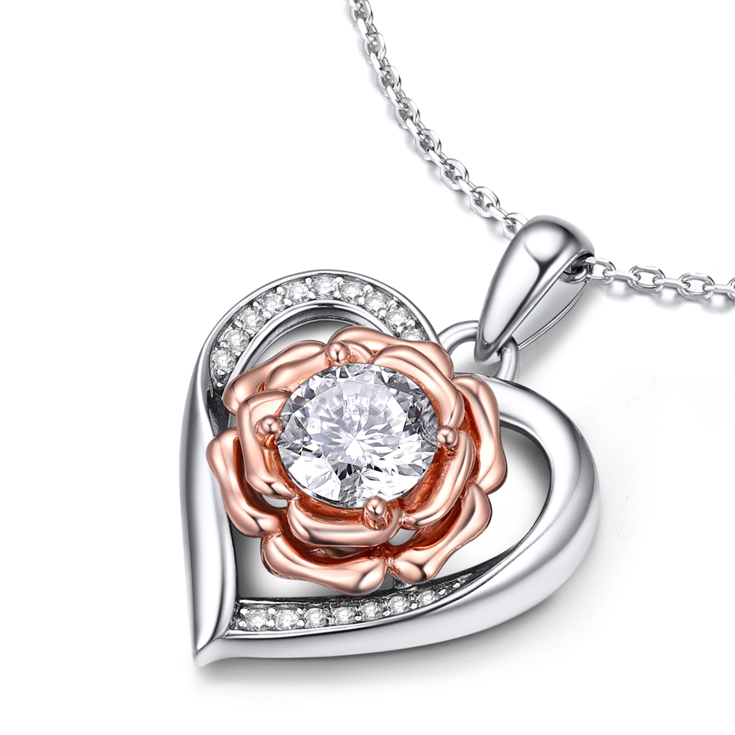 Rose Flower Heart Pendant Moissanite Necklace (1 Ct. VVS1)