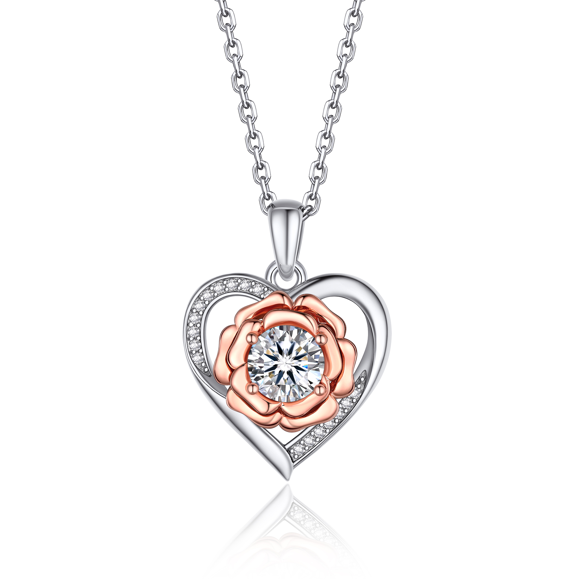 Rose Flower Heart Pendant Moissanite Necklace (1 Ct. VVS1)