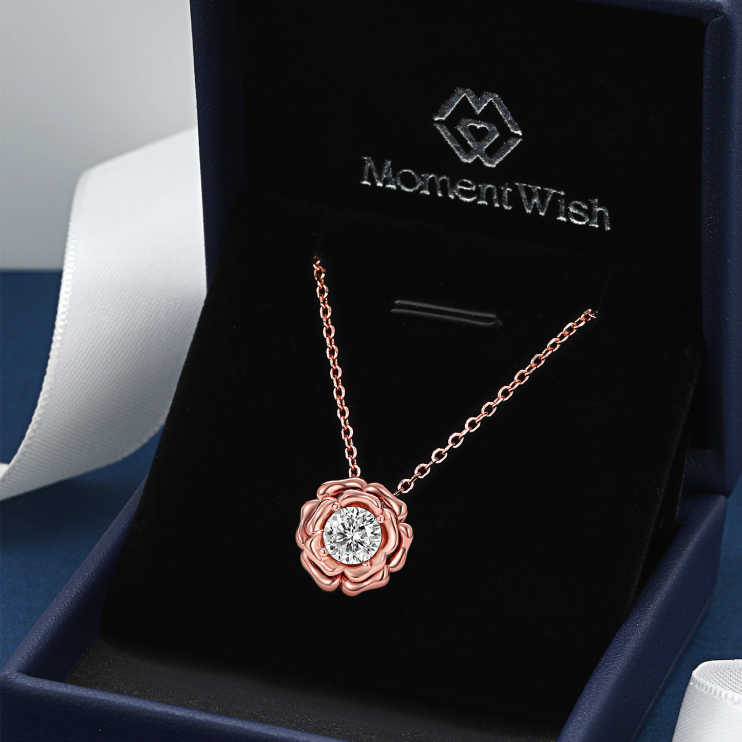 Rose Round Pendant Moissanite Floral Necklace in Rose Gold (1 Ct. VVS1)