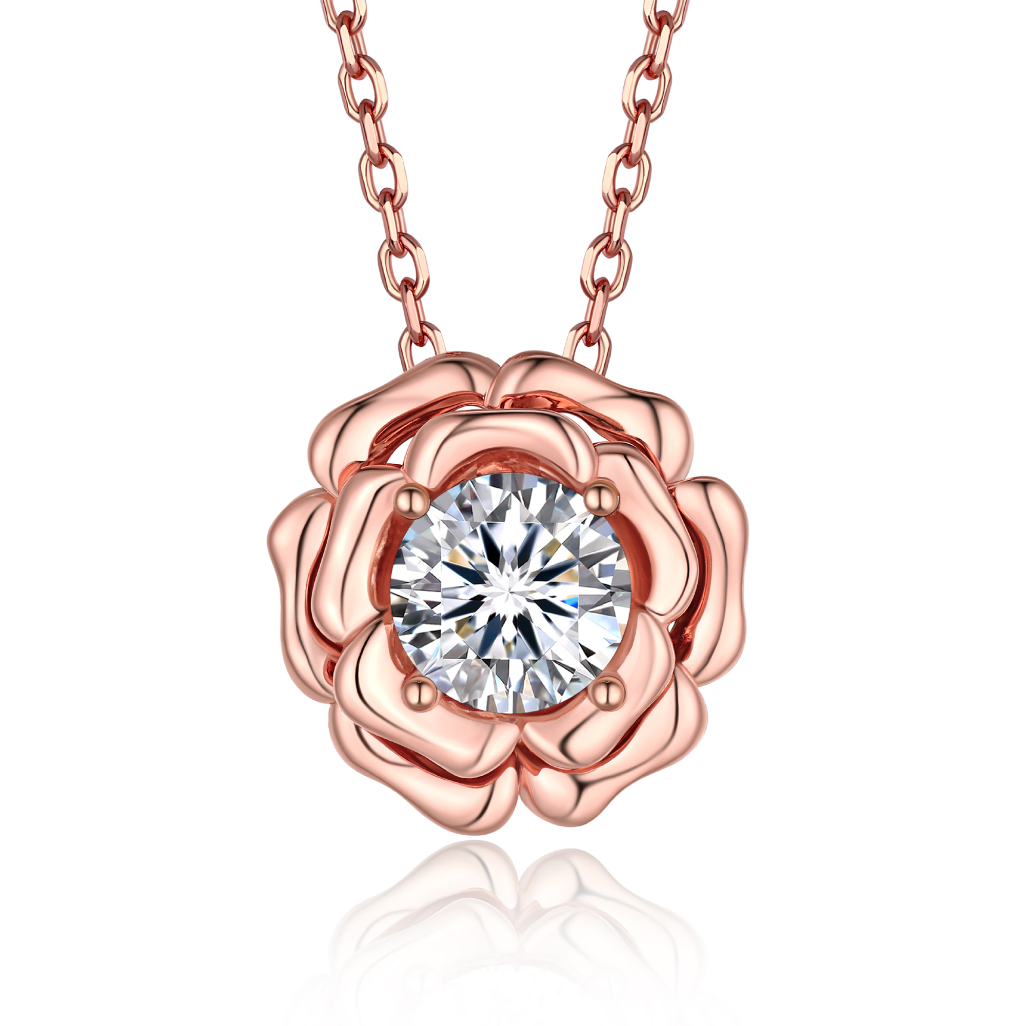 Rose Round Pendant Moissanite Floral Necklace in Rose Gold (1 Ct. VVS1)