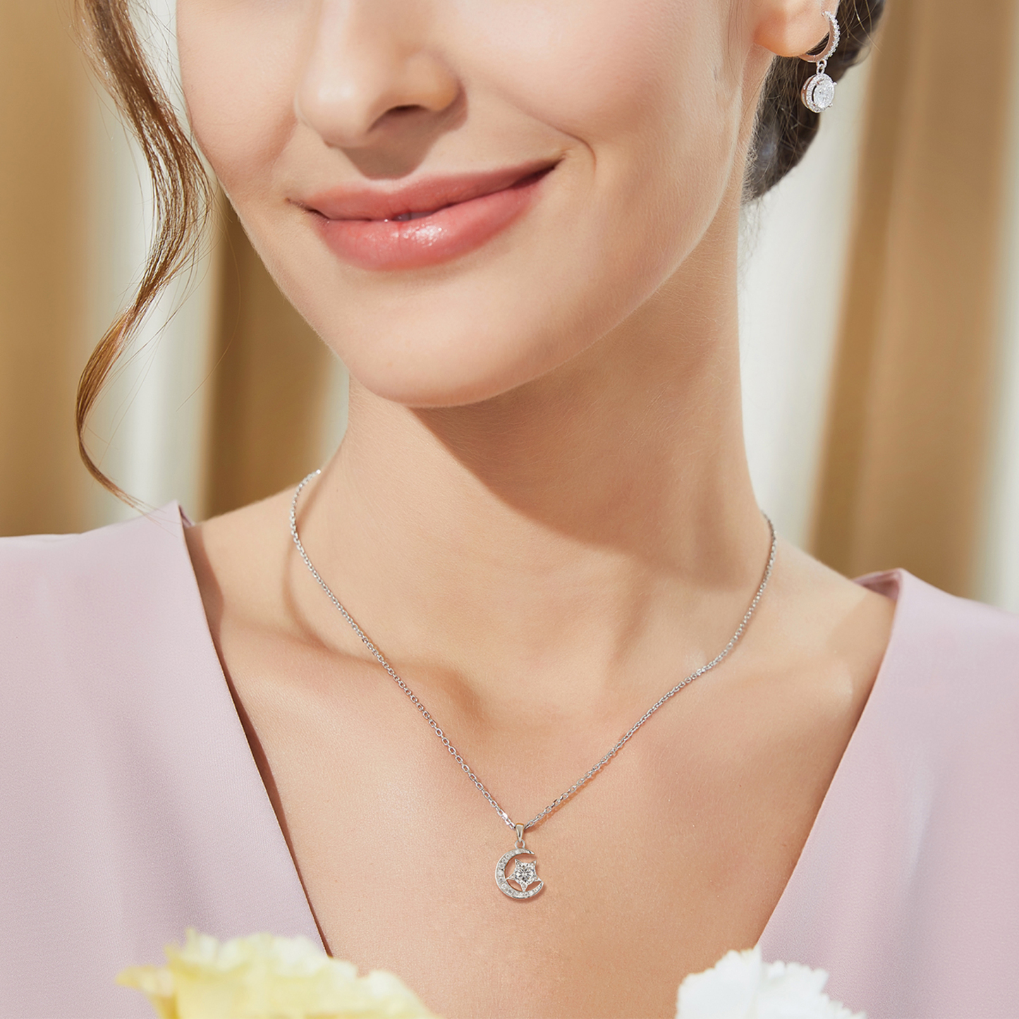 Moon & Star Pendant Moissanite Necklace in White Gold (1 Ct. VVS1)