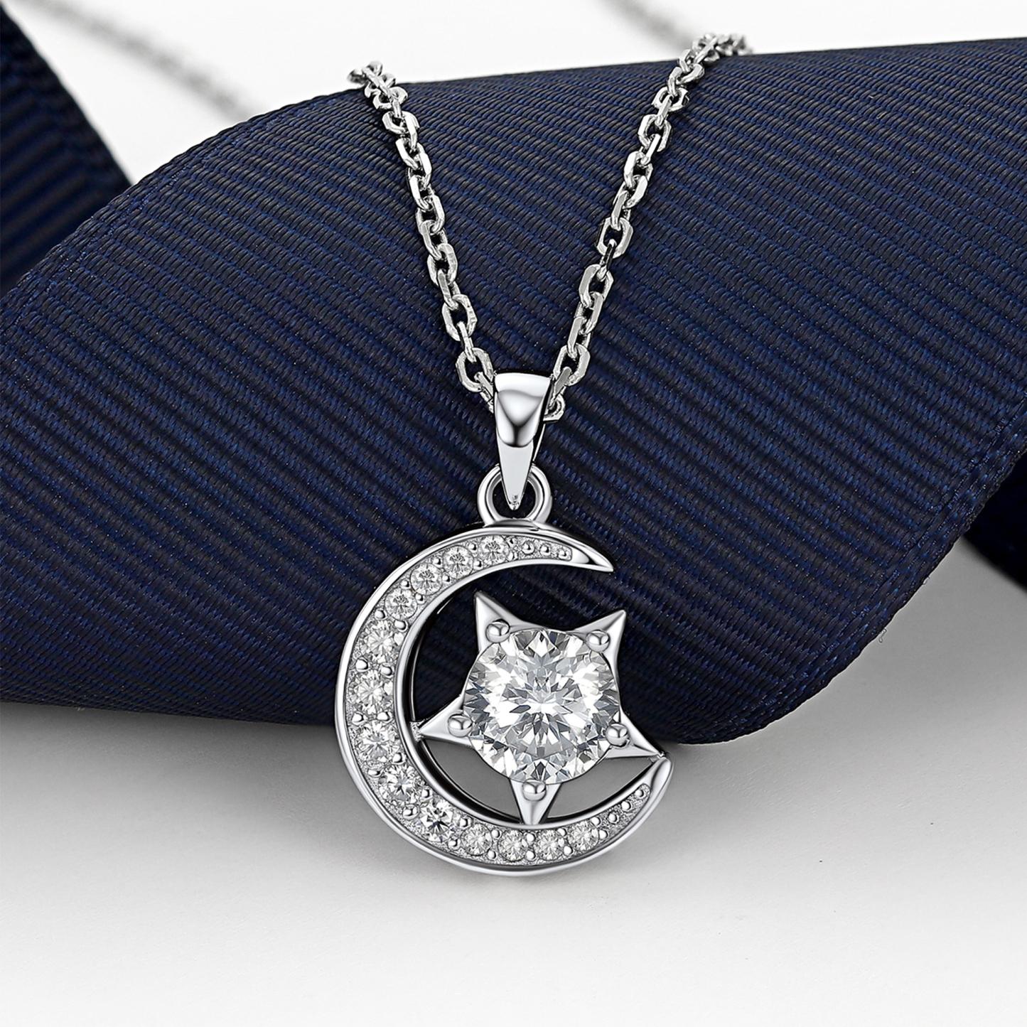 Moon & Star Pendant Moissanite Necklace in White Gold (1 Ct. VVS1)