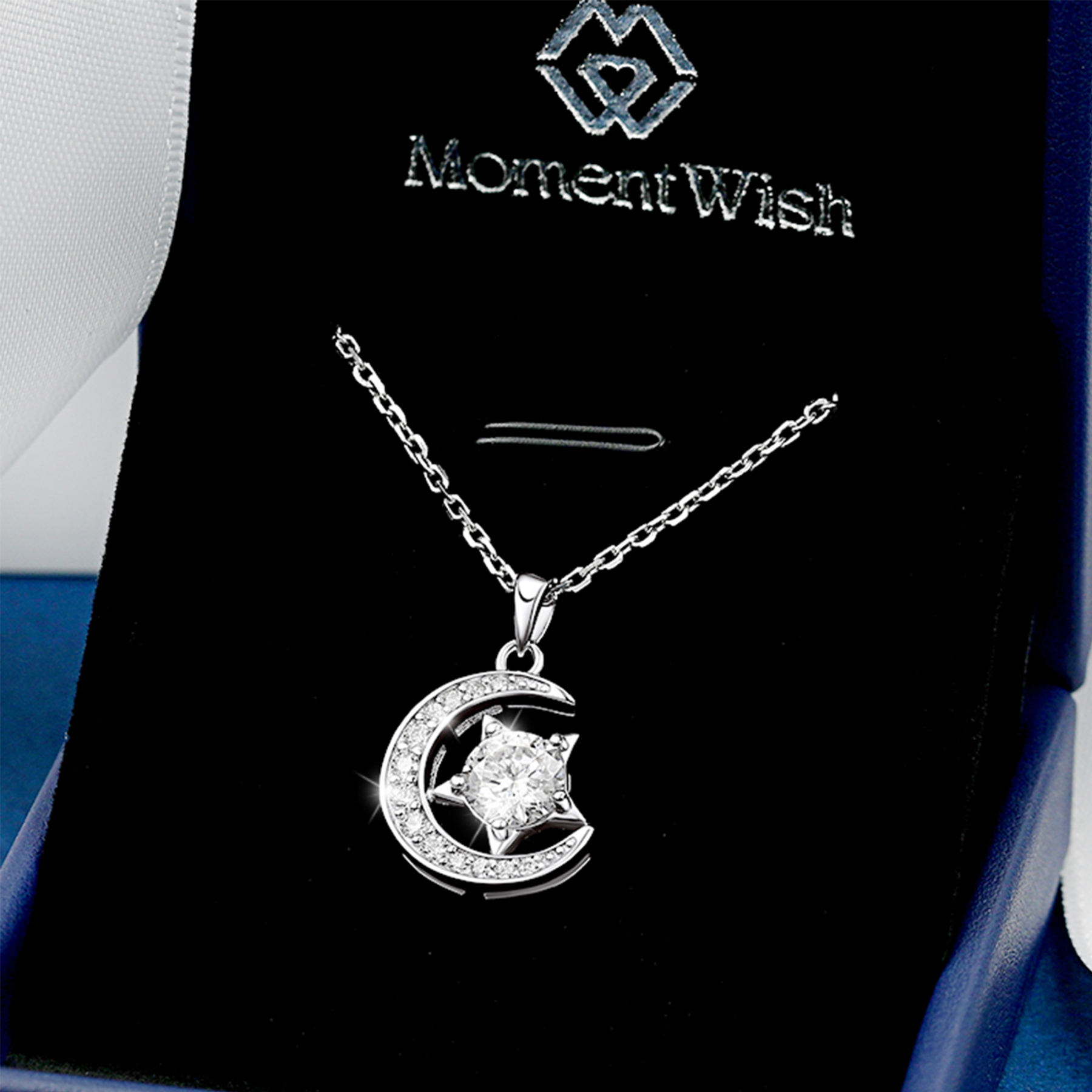 Moon & Star Pendant Moissanite Necklace in White Gold (1 Ct. VVS1)