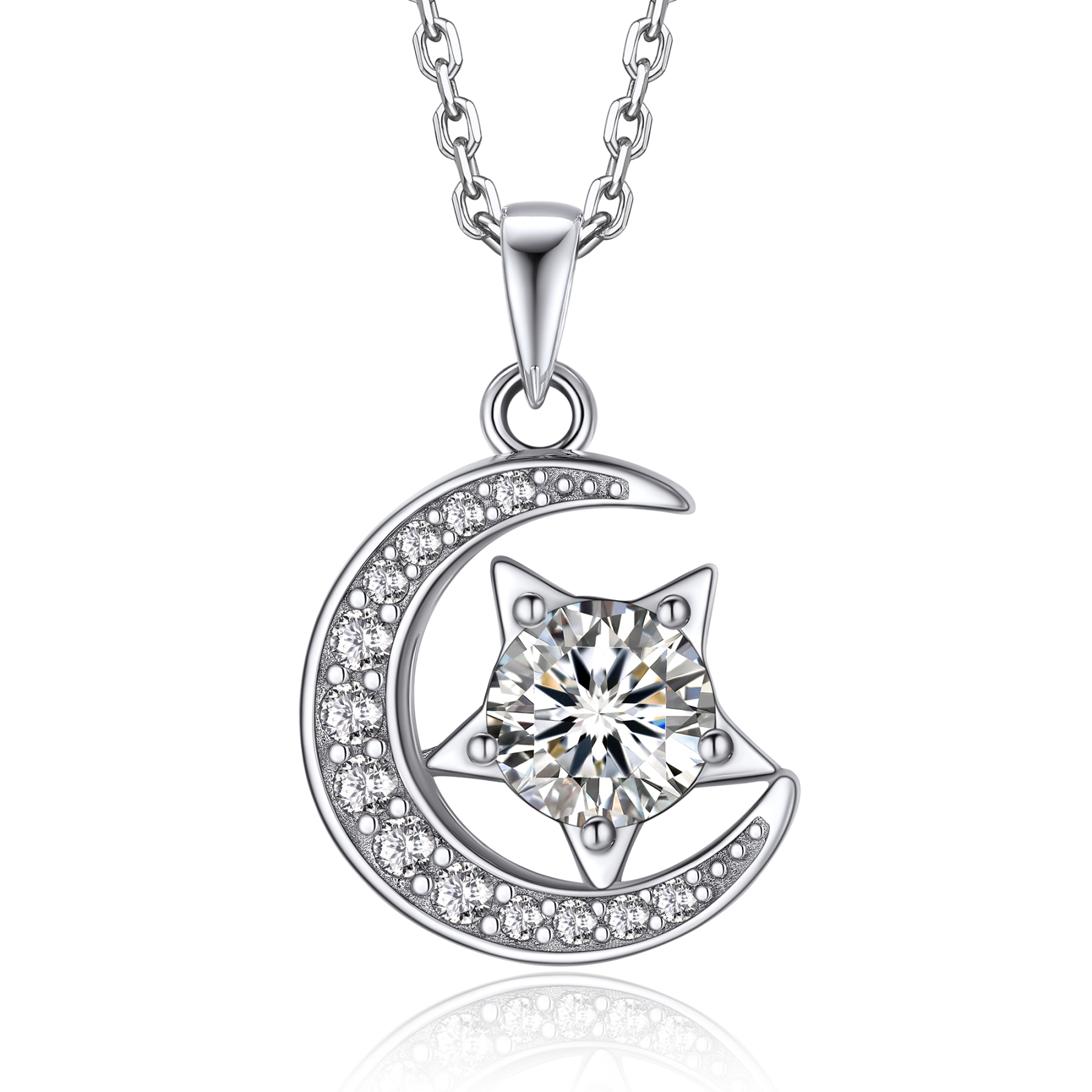Moon & Star Pendant Moissanite Necklace in White Gold (1 Ct. VVS1)