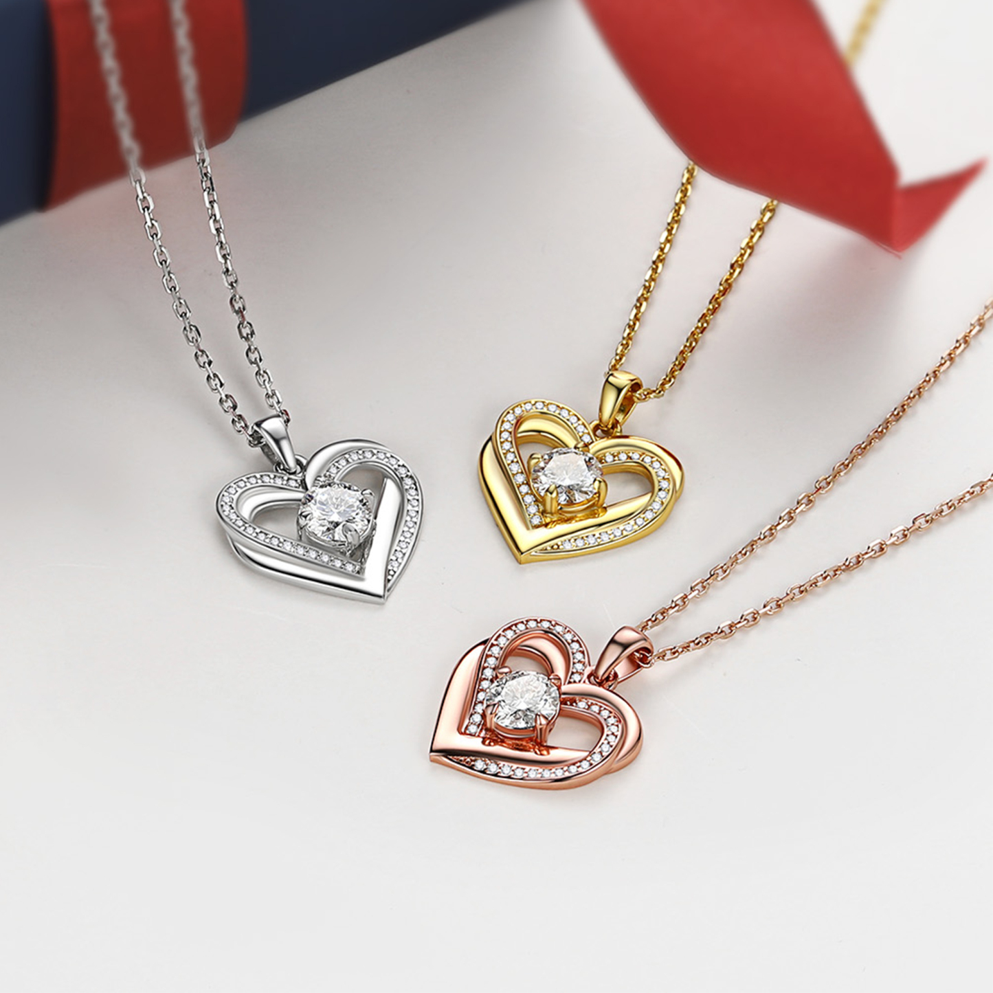 4 Prong Round Pendant Moissanite Double Heart Necklace in White Gold (1 Ct. VVS1)