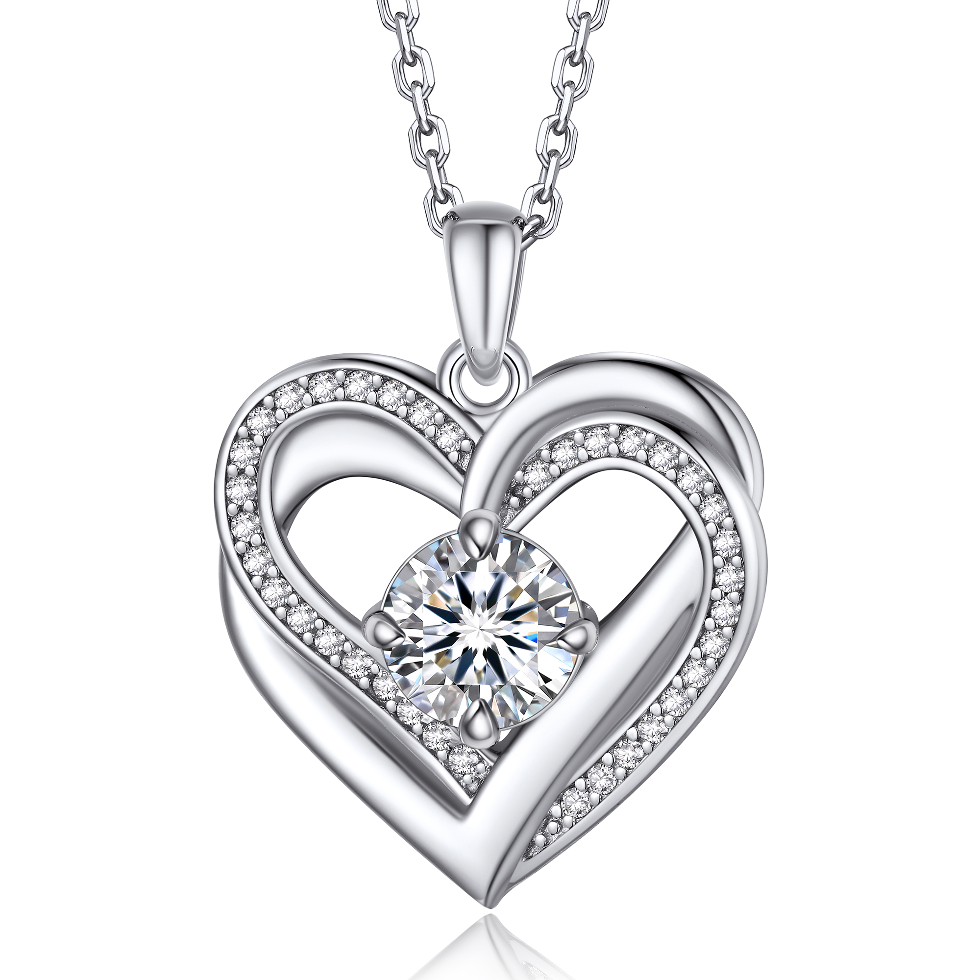 4 Prong Round Pendant Moissanite Double Heart Necklace (1 Ct. VVS1)