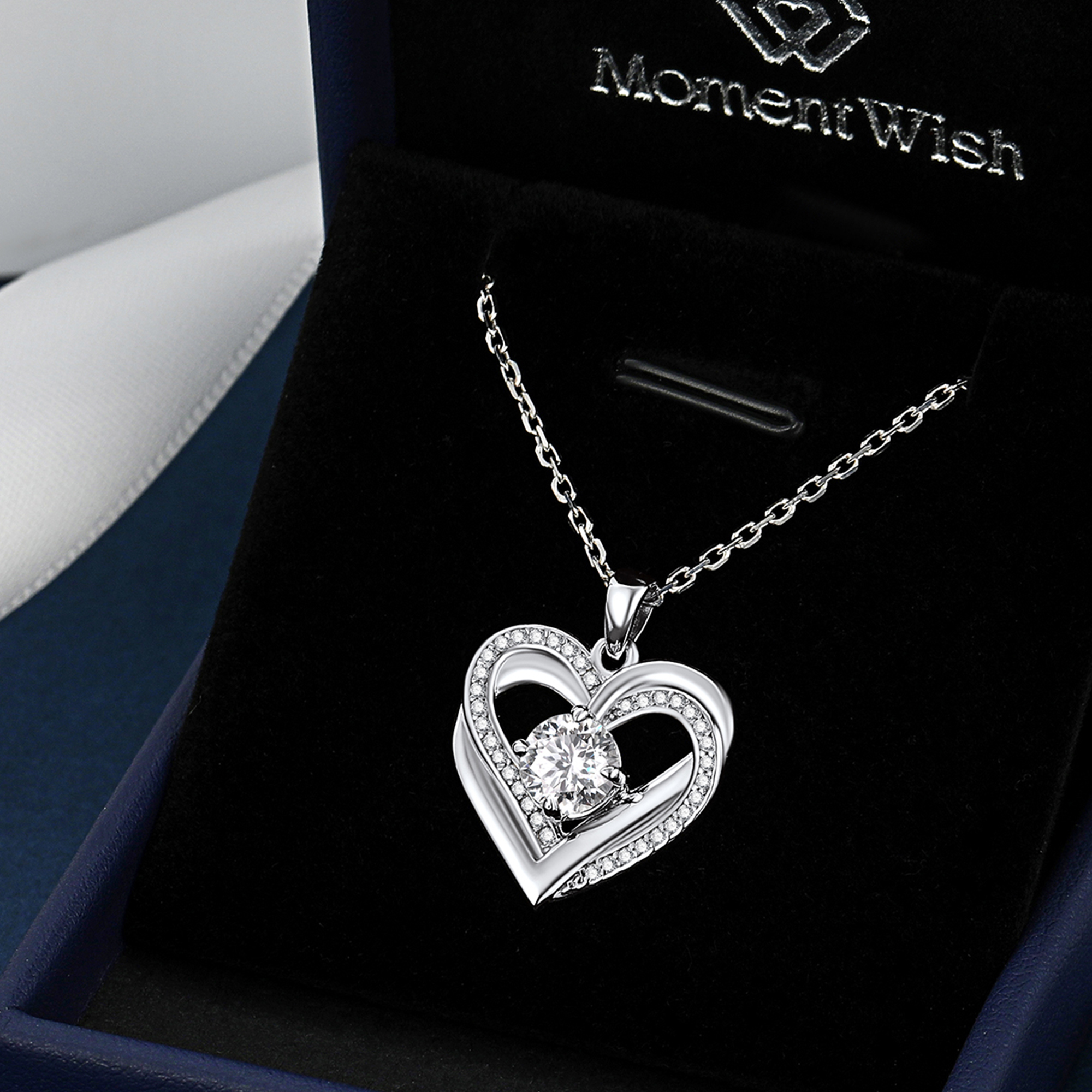 4 Prong Round Pendant Moissanite Double Heart Necklace in White Gold (1 Ct. VVS1)