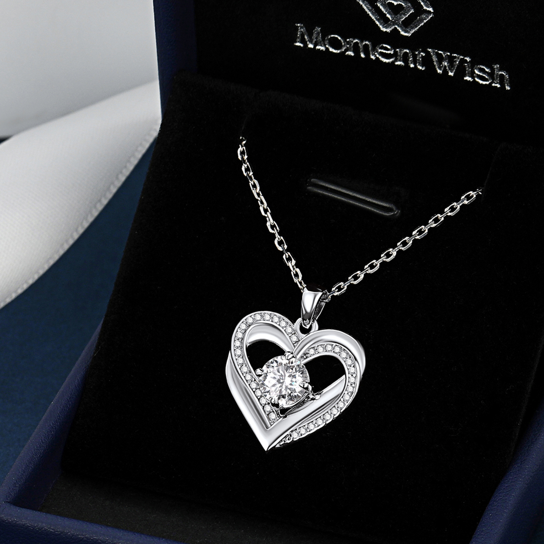 4 Prong Round Pendant Moissanite Double Heart Necklace in White Gold (1 Ct. VVS1)