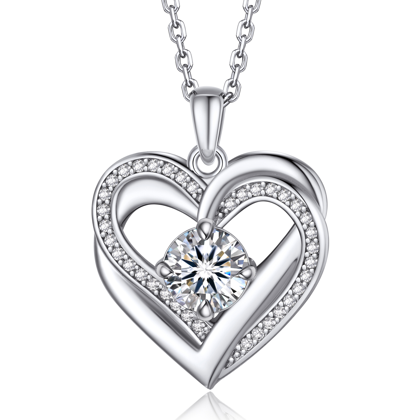 4 Prong Round Pendant Moissanite Double Heart Necklace (1 Ct. VVS1)