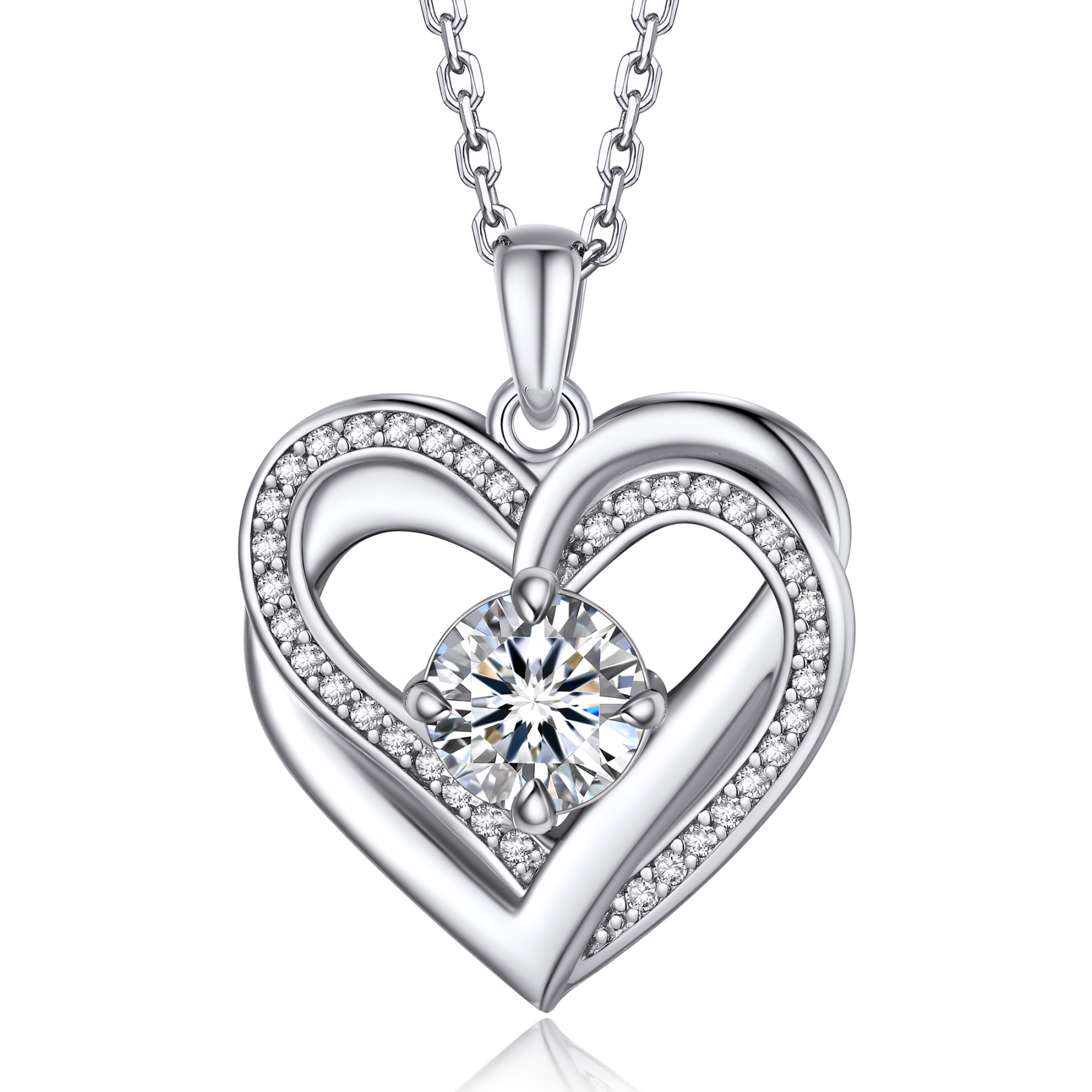 4 Prong Round Pendant Moissanite Double Heart Necklace (1 Ct. VVS1)