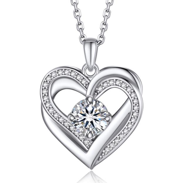 4 Prong Round Pendant Moissanite Double Heart Necklace (1 Ct. VVS1)