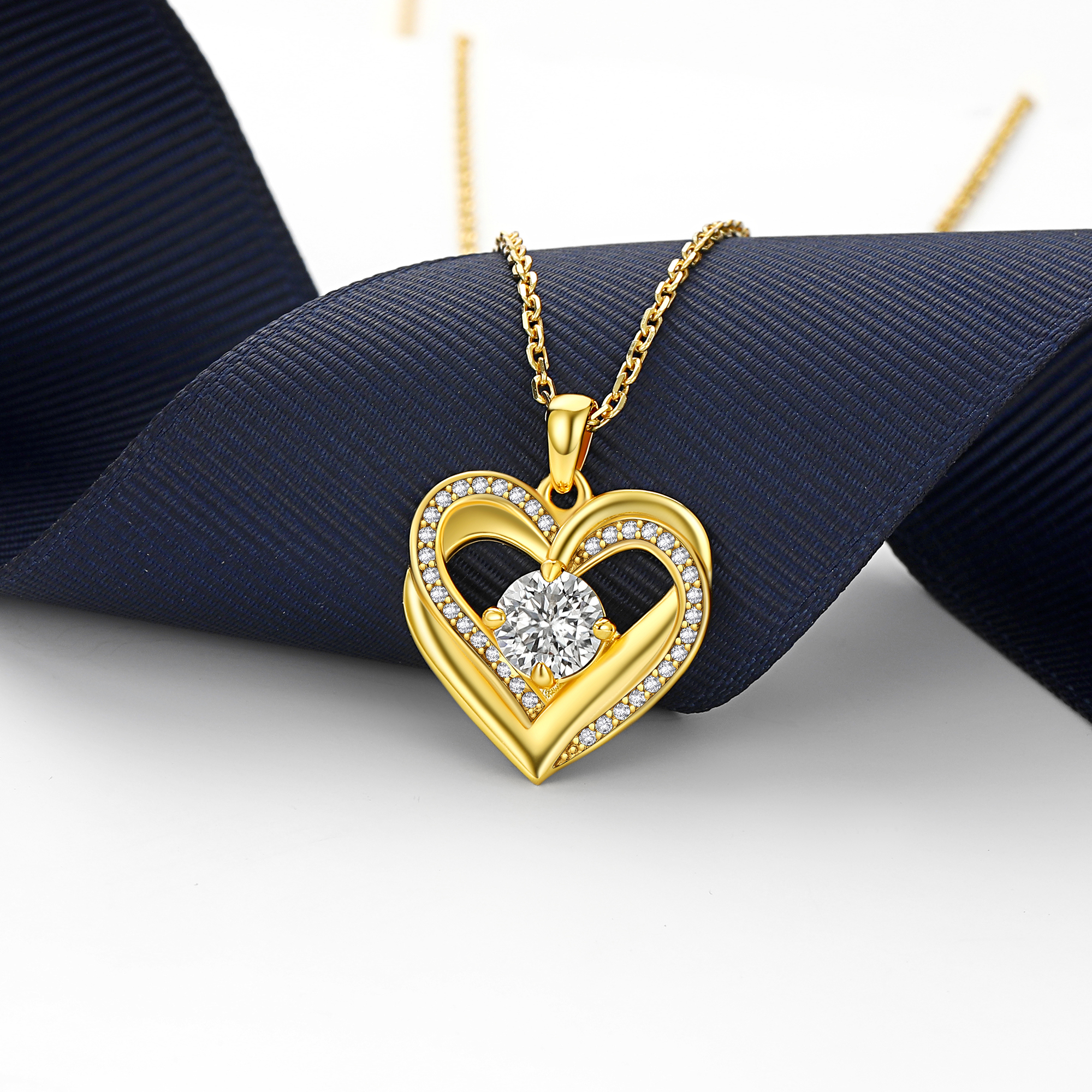 4 Prong Round Pendant Moissanite Double Heart Necklace in 14K Gold (1 Ct. VVS1)