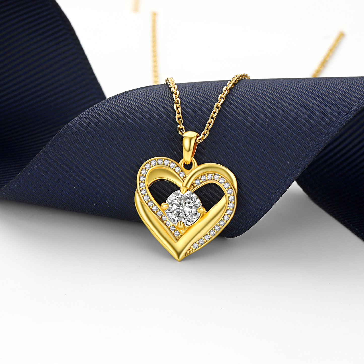 4 Prong Round Pendant Moissanite Double Heart Necklace in 14K Gold (1 Ct. VVS1)